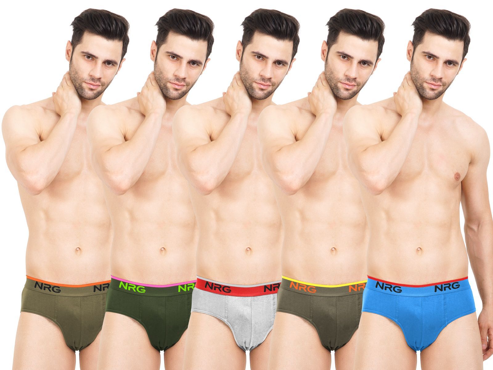 NRG Mens Cotton Assorted Colour Briefs  ( Pack of 5 Dark Green - Military Green - Grey Melange - Light Green - Light Blue ) G03