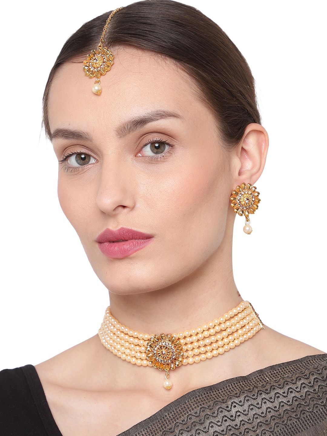 Cardinal Cream Color Gold Plated Brass Choker Necklace Set & Maang Tika