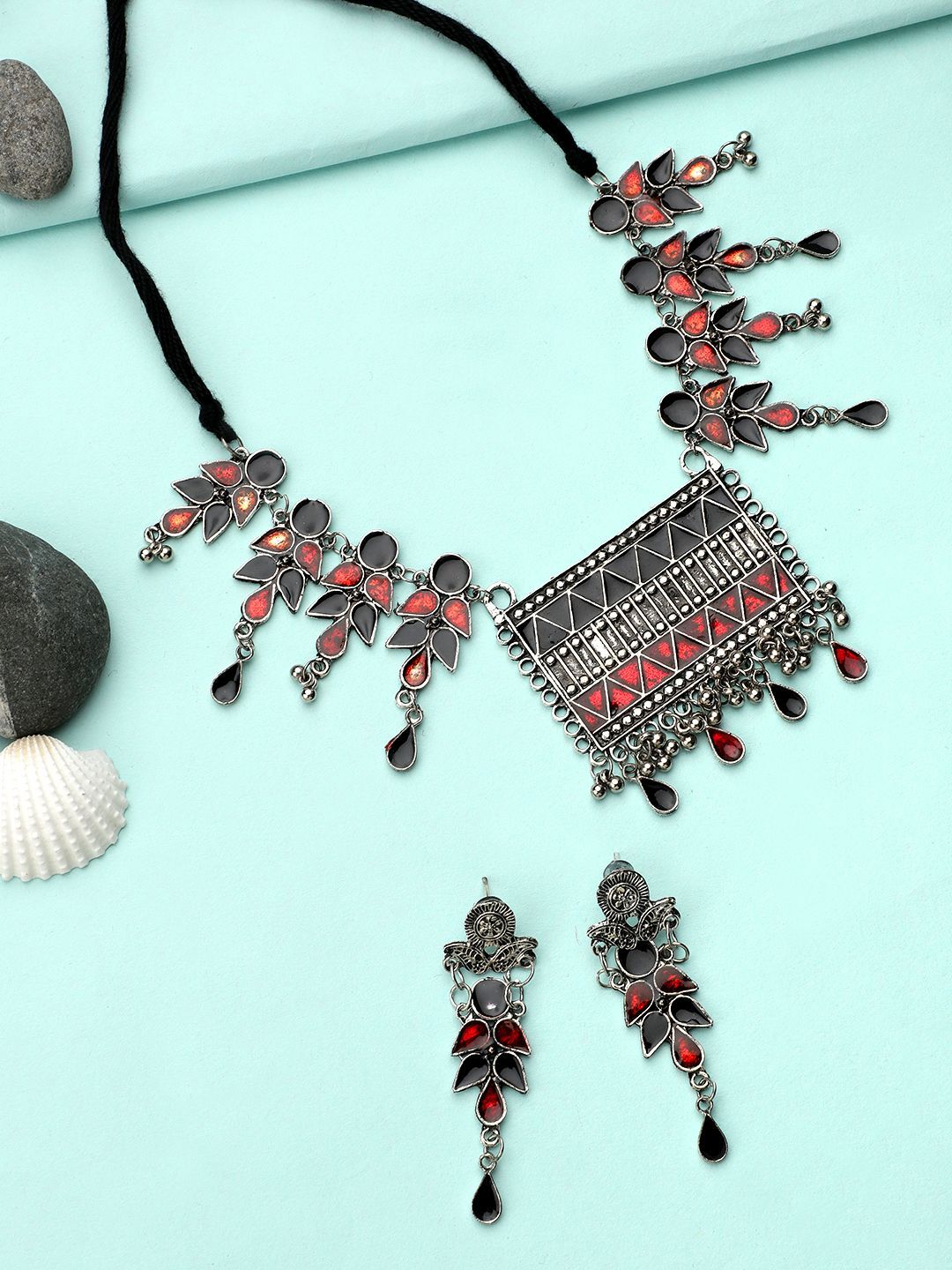 Cardinal Oxidized Silver Color Multicolor Minakari Long Necklace Set
