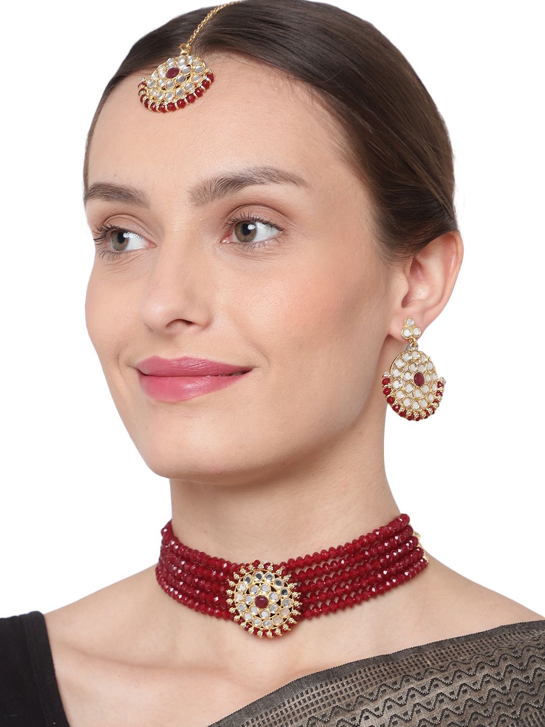 Cardinal Maroon Color Brass Gold Plated Mirror Onyx Multistring Choker Necklace Set & Maang Tika