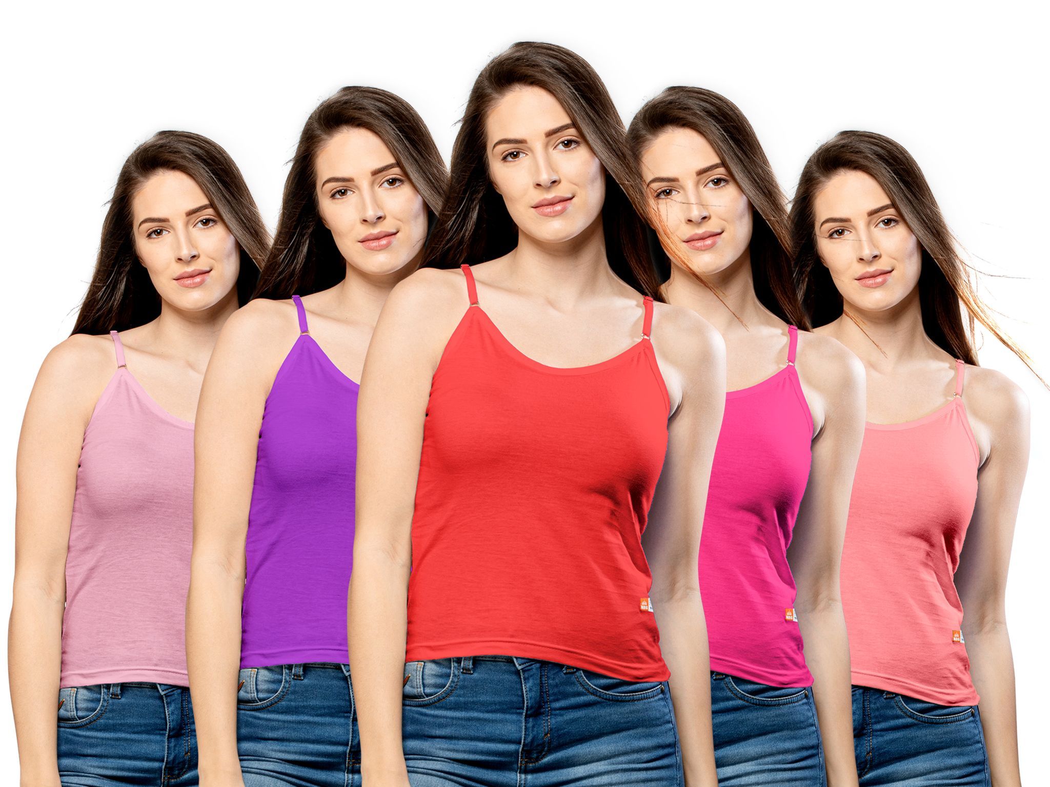NRG Womens Cotton Assorted Colour Adjustable Slips ( Pack of 5 Pastol Pink - Purple - Red - Pink - Peach ) L13 Camisole