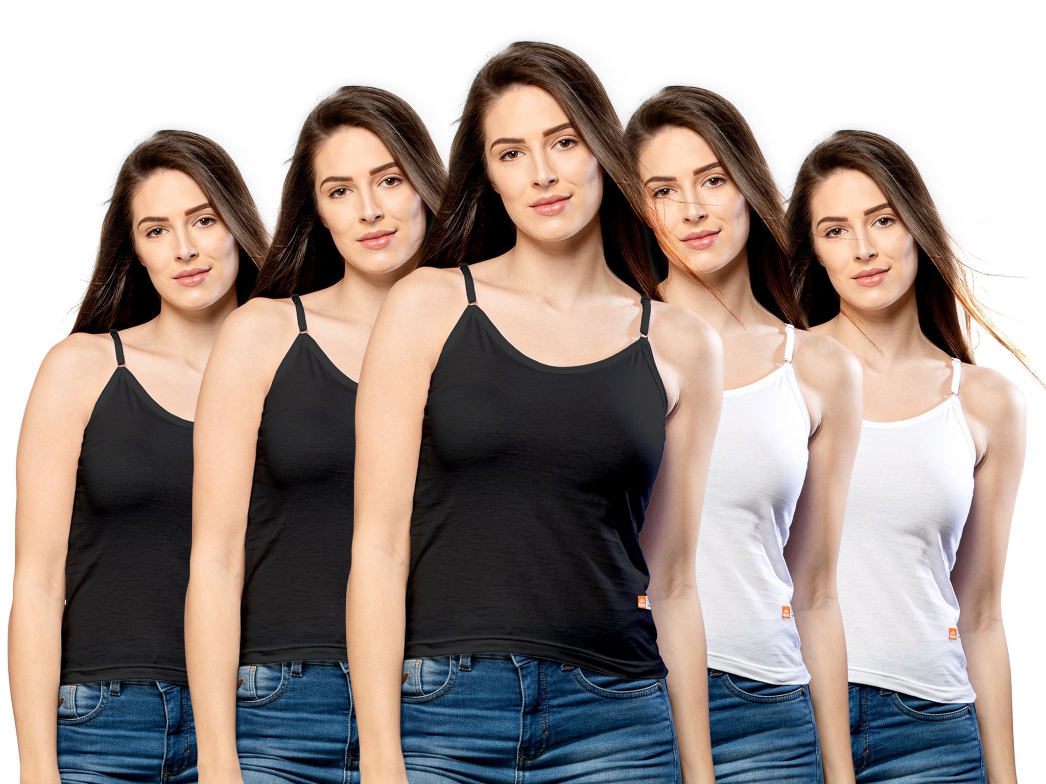 NRG Womens Cotton Assorted Colour Adjustable Slips ( Pack of 5 Black - Black - Black  - White - White ) L13 Camisole