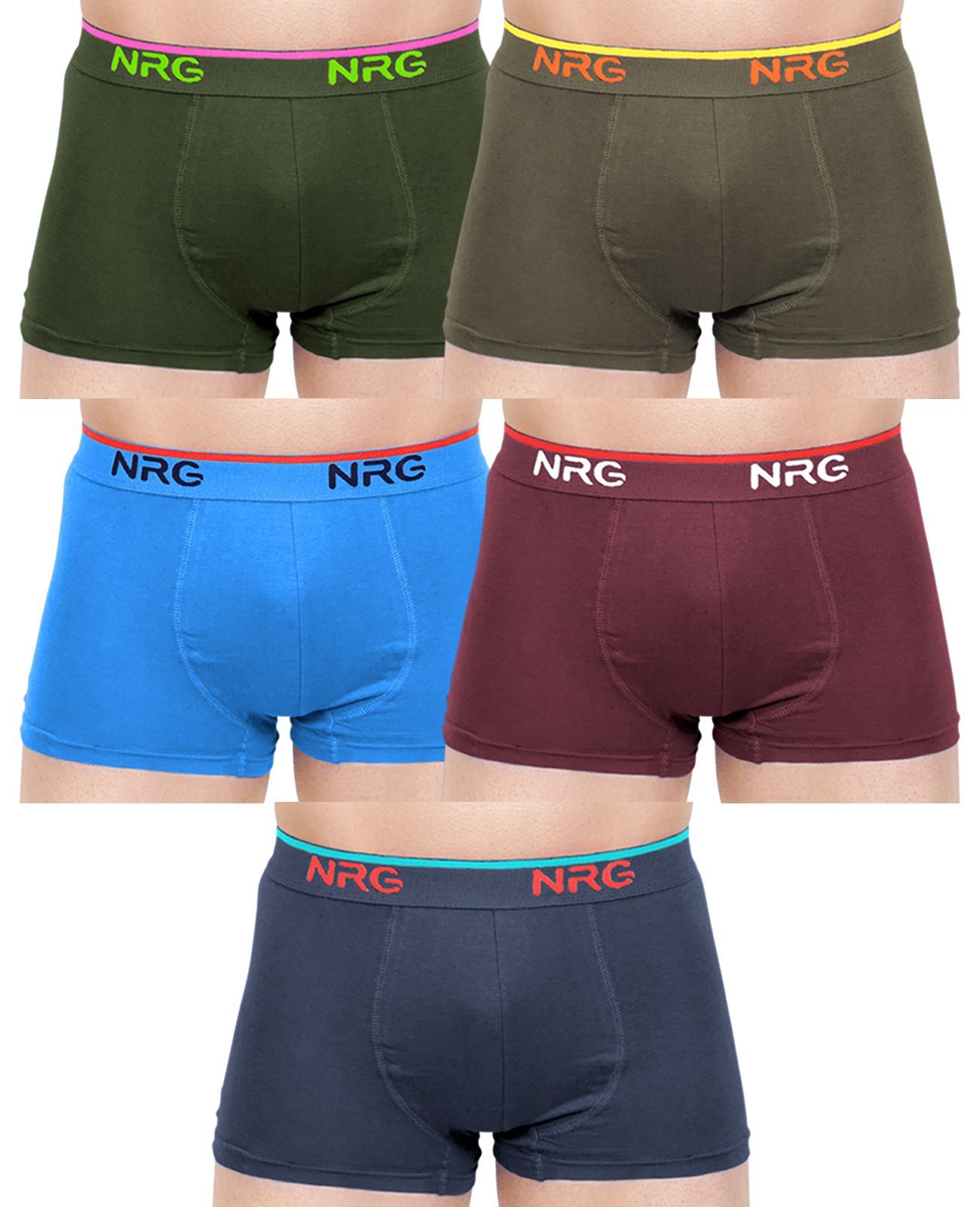 NRG Mens Cotton Assorted Colour Boxer Trunks ( Pack of 5 Military Green - Dark Green - Light Blue - Maroon - Navy Blue ) G15