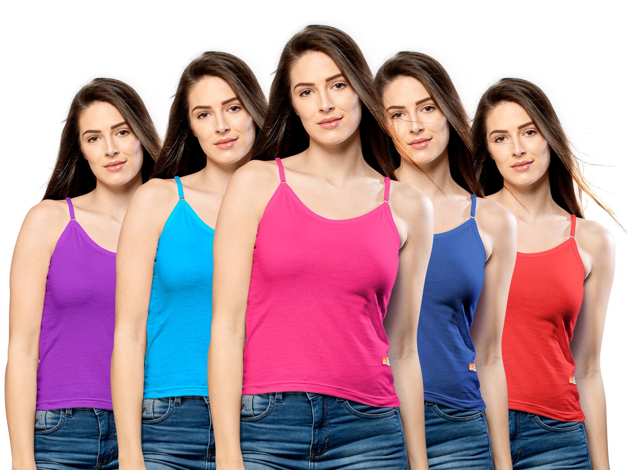 NRG Womens Cotton Assorted Colour Adjustable Slips ( Pack of 5 Purple - Turquoise - Pink - Dark Blue - Red ) L13 Camisole