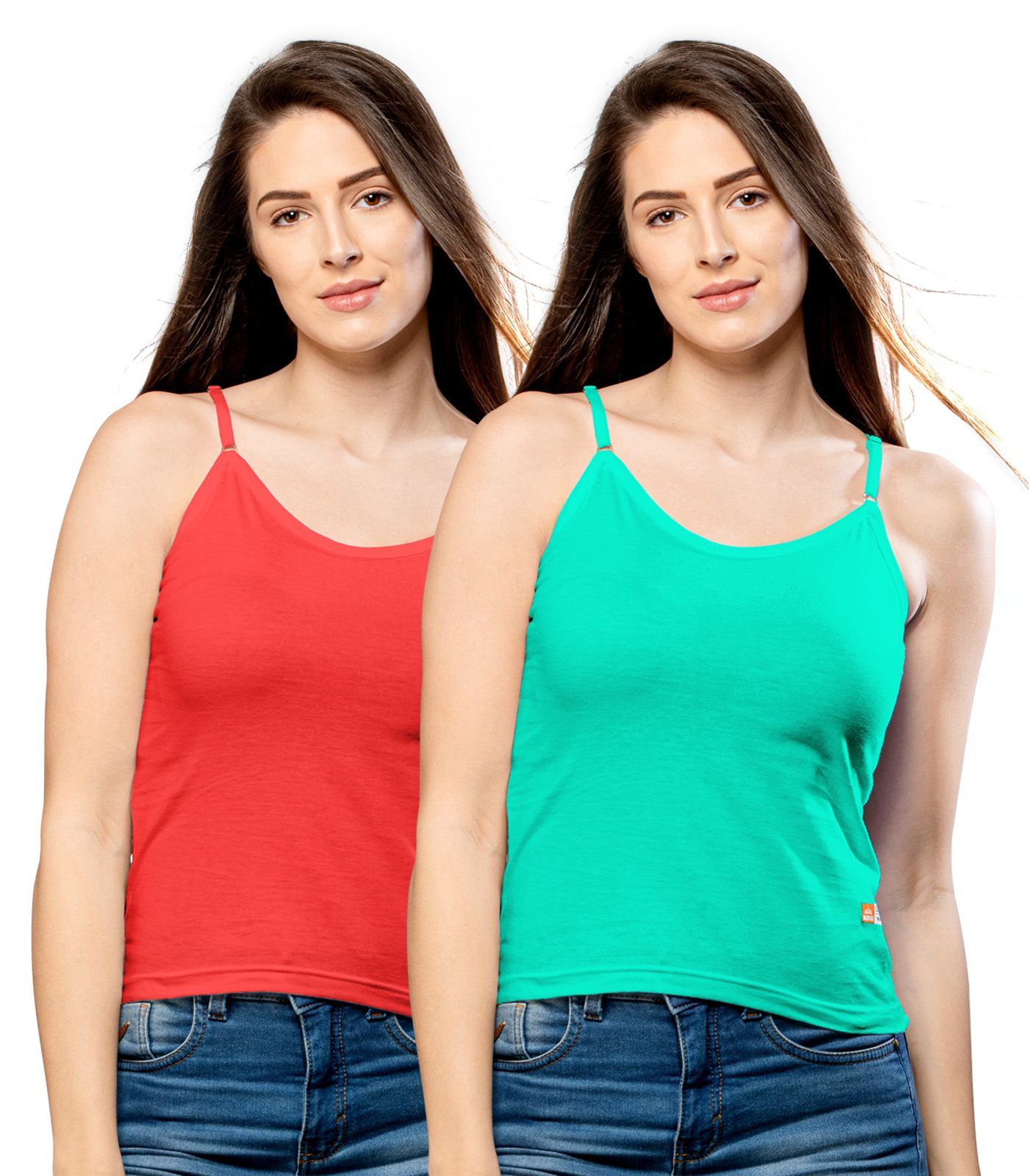 NRG Womens Cotton Assorted Colour Adjustable Slips ( Pack of 2 Red - Mint Green ) L13 Camisole