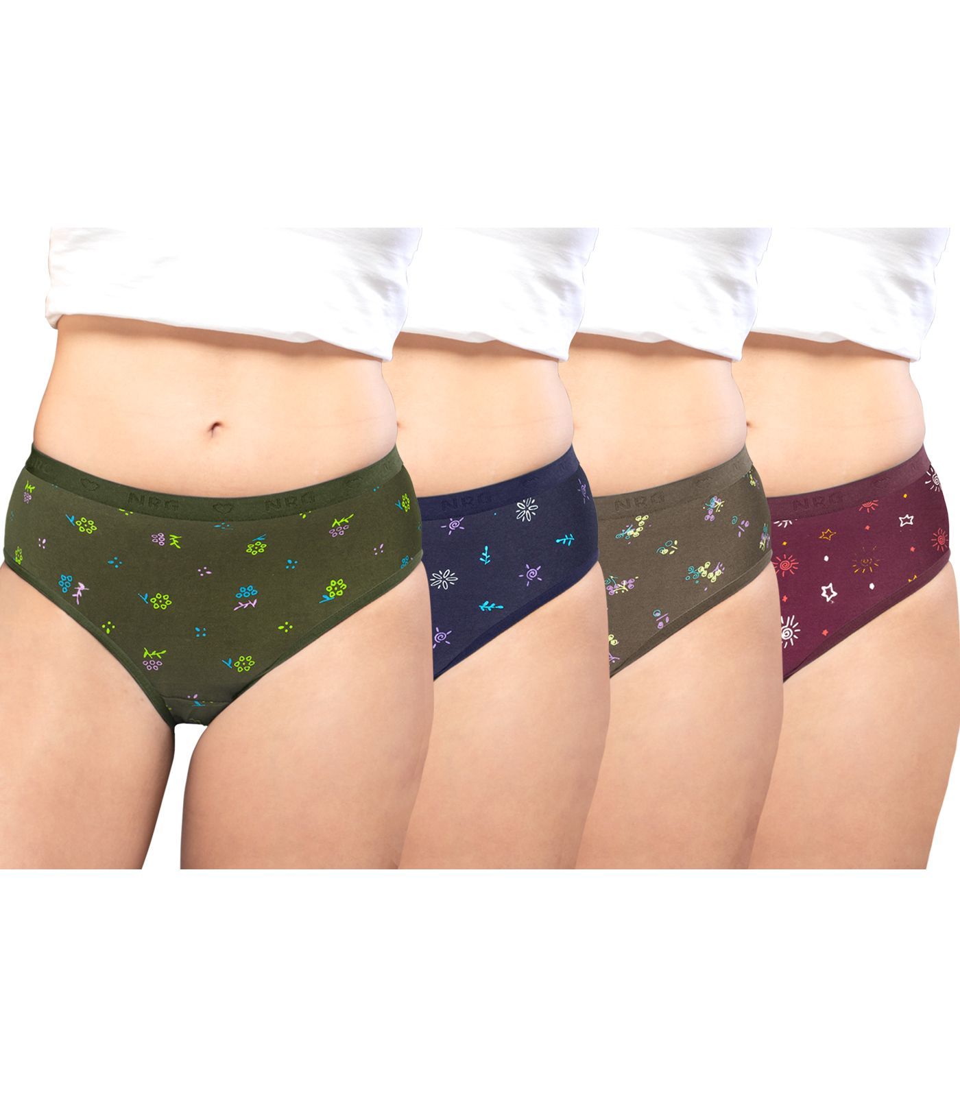 NRG Womens Cotton Assorted Colour Panties ( Pack of 4 Military Green - Navy Blue - Dark Green - Maroon ) L05 Hipster