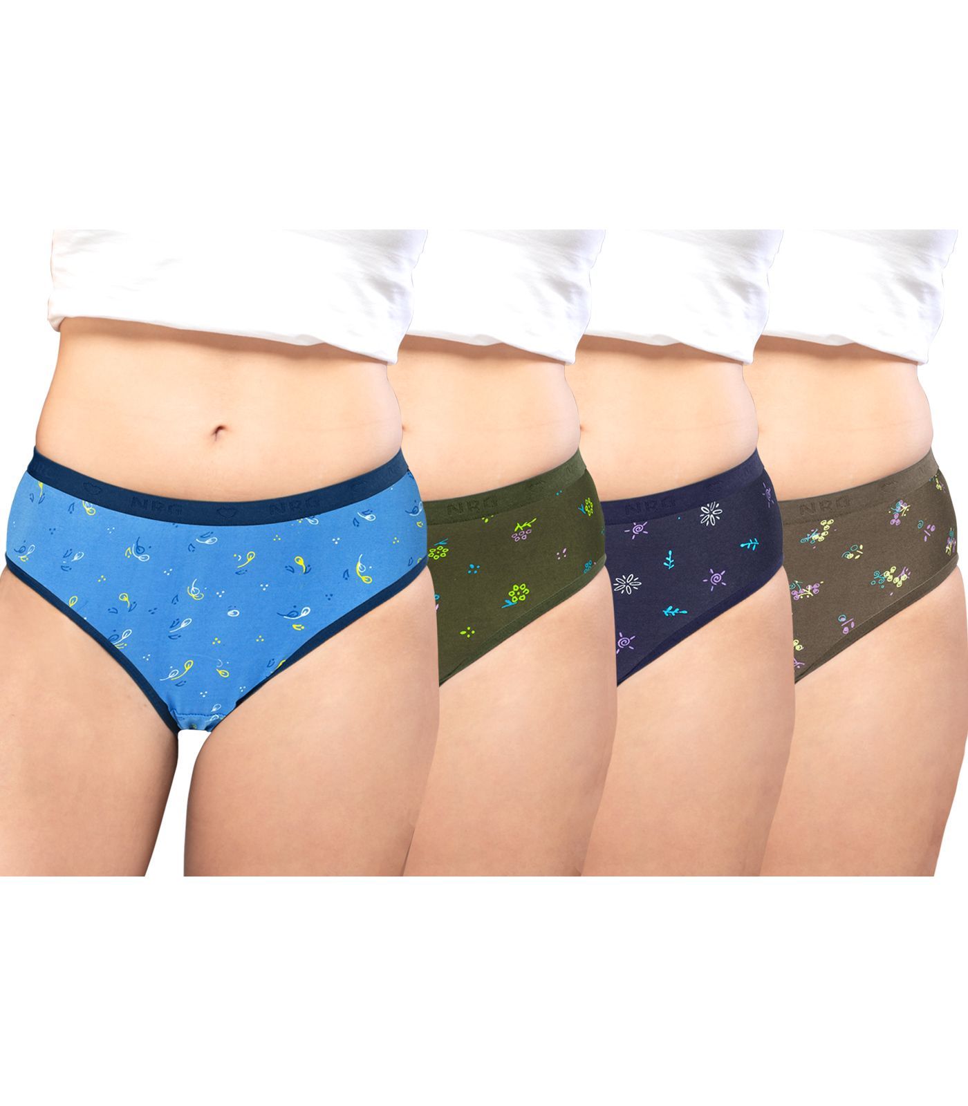NRG Womens Cotton Assorted Colour Panties ( Pack of 4 Light Blue - Military Green - Navy Blue - Dark Green ) L05 Hipster