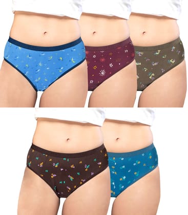 NRG Womens Cotton Assorted Colour Panties ( Pack of 5 Light Blue - Maroon - Dark Green - Coffee Brown - Turquoise ) L05 Hipster
