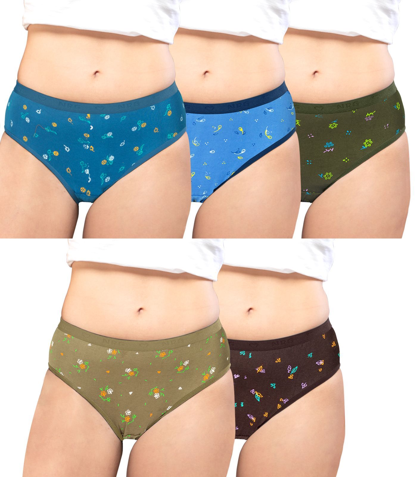 NRG Womens Cotton Assorted Colour Panties ( Pack of 5 Turquoise - Light Blue - Military Green - Light Green - Coffee Brown ) L05 Hipster