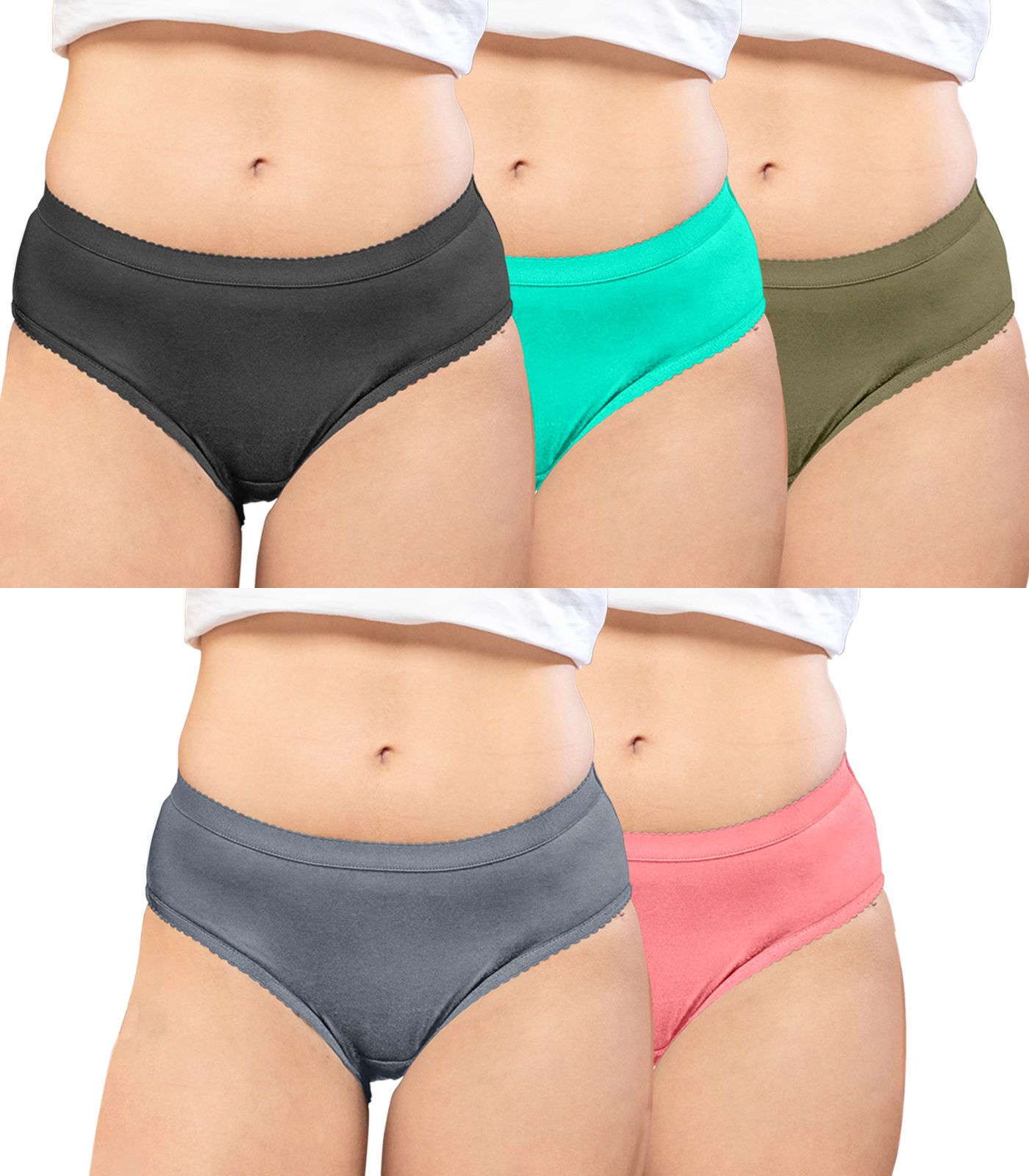 NRG Womens Cotton Assorted Colour Panties ( Pack of 5 Coffee Brown - Mint Green - Dark Green - Grey - Peach ) L04 Hipster