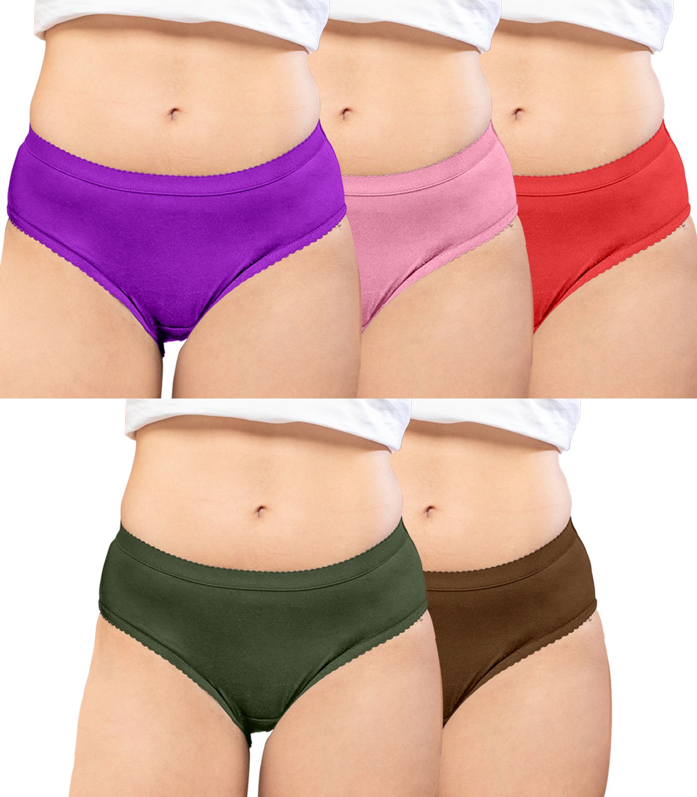 NRG Womens Cotton Assorted Colour Panties ( Pack of 5 Purple - Pastol Pink - Red - Military Green - Light Brown ) L04 Hipster