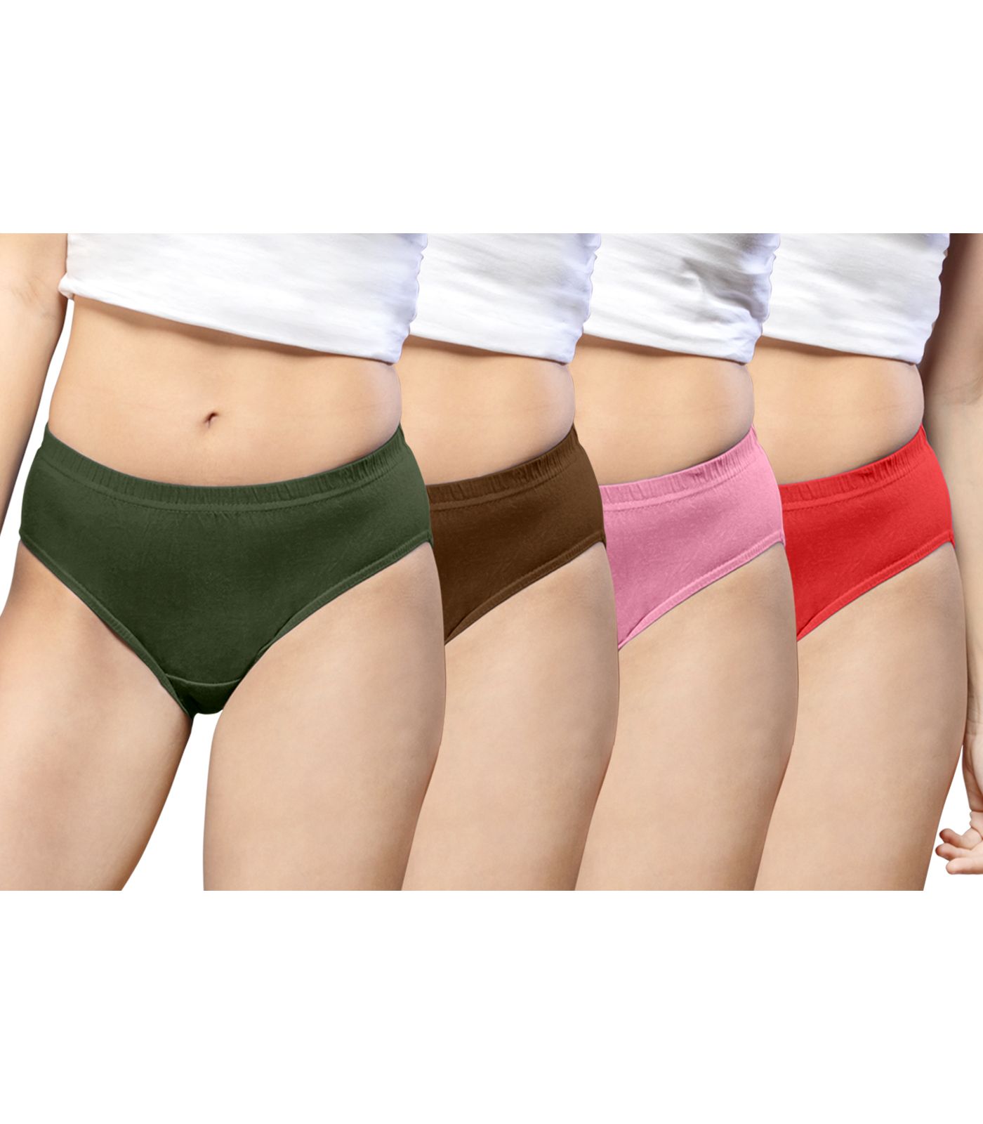 NRG Womens Cotton Assorted Colour Panties ( Pack of 4 Military Green - Light Brown - Pastol Pink - Red ) L01 Hipster
