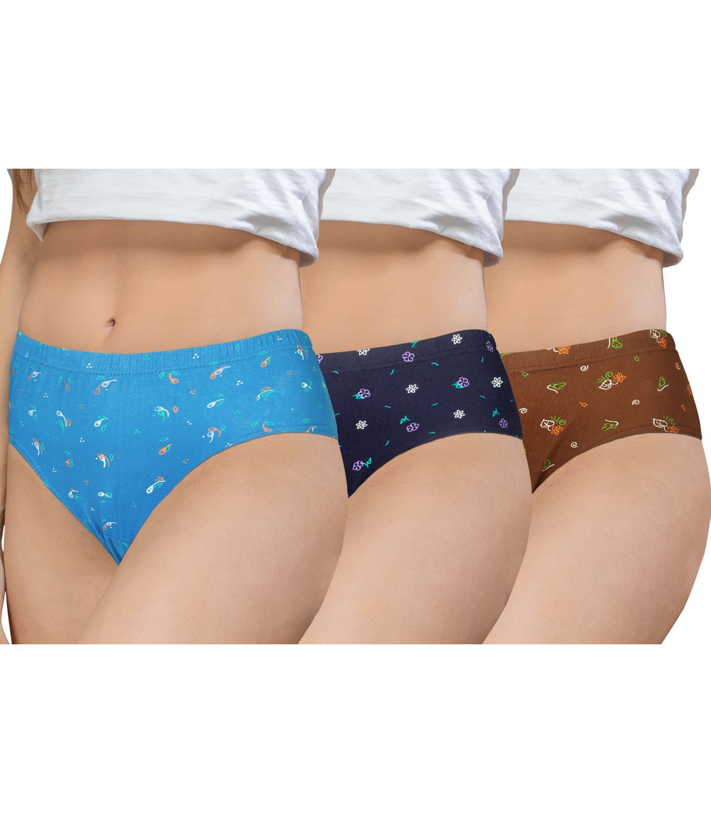 NRG Womens Cotton Assorted Colour Panties ( Pack of 3 Light Blue - Navy Blue - Light Brown ) L02 Hipster