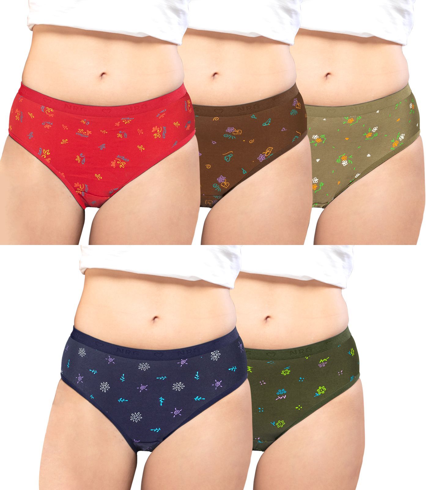 NRG Womens Cotton Assorted Colour Panties ( Pack of 5 Red - Light Brown - Light Green - Navy Blue - Military Green ) L05 Hipster