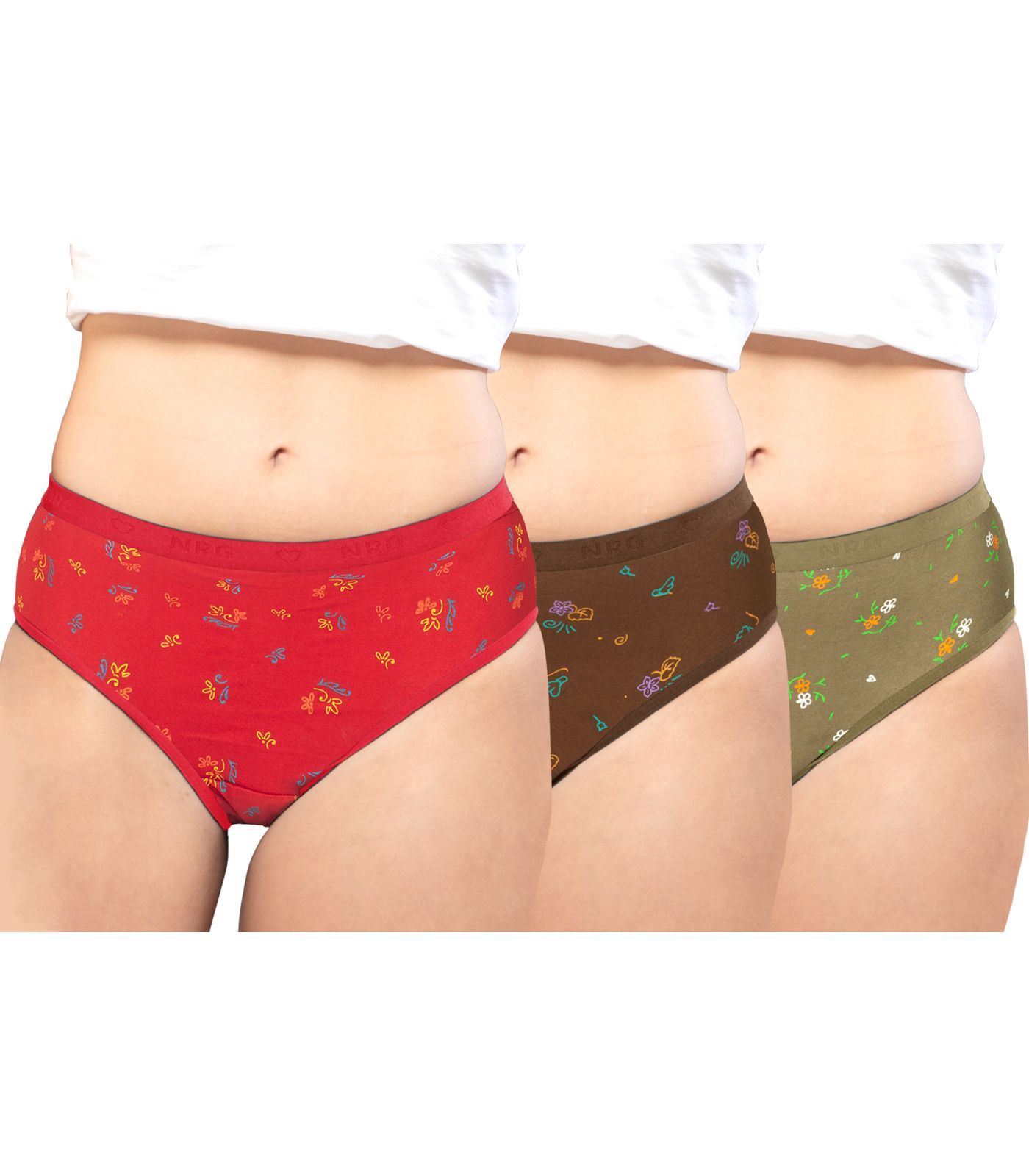 NRG Womens Cotton Assorted Colour Panties ( Pack of 3 Red - Light Brown -Light Green ) L05 Hipster