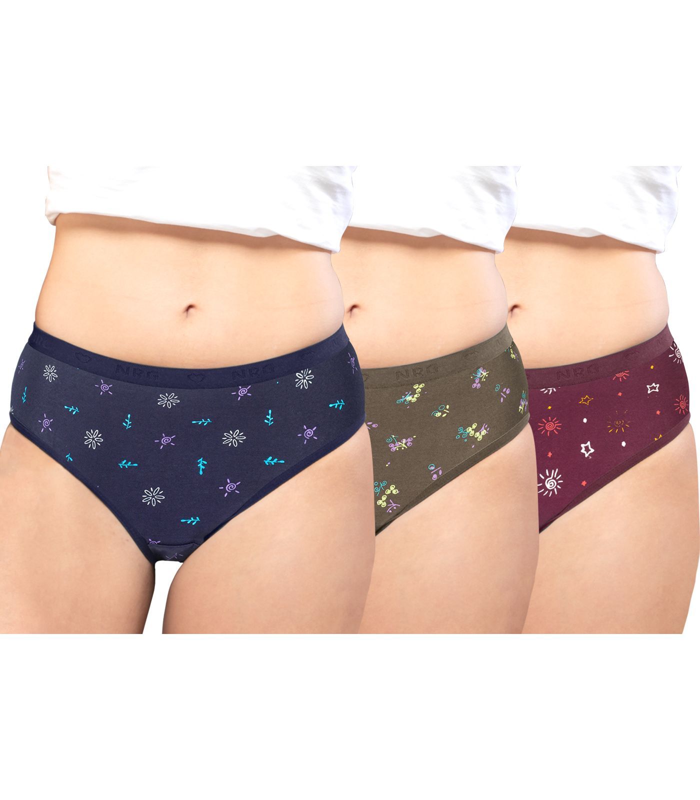 NRG Womens Cotton Assorted Colour Panties ( Pack of 3 Navy Blue - Dark Green - Maroon ) L05 Hipster