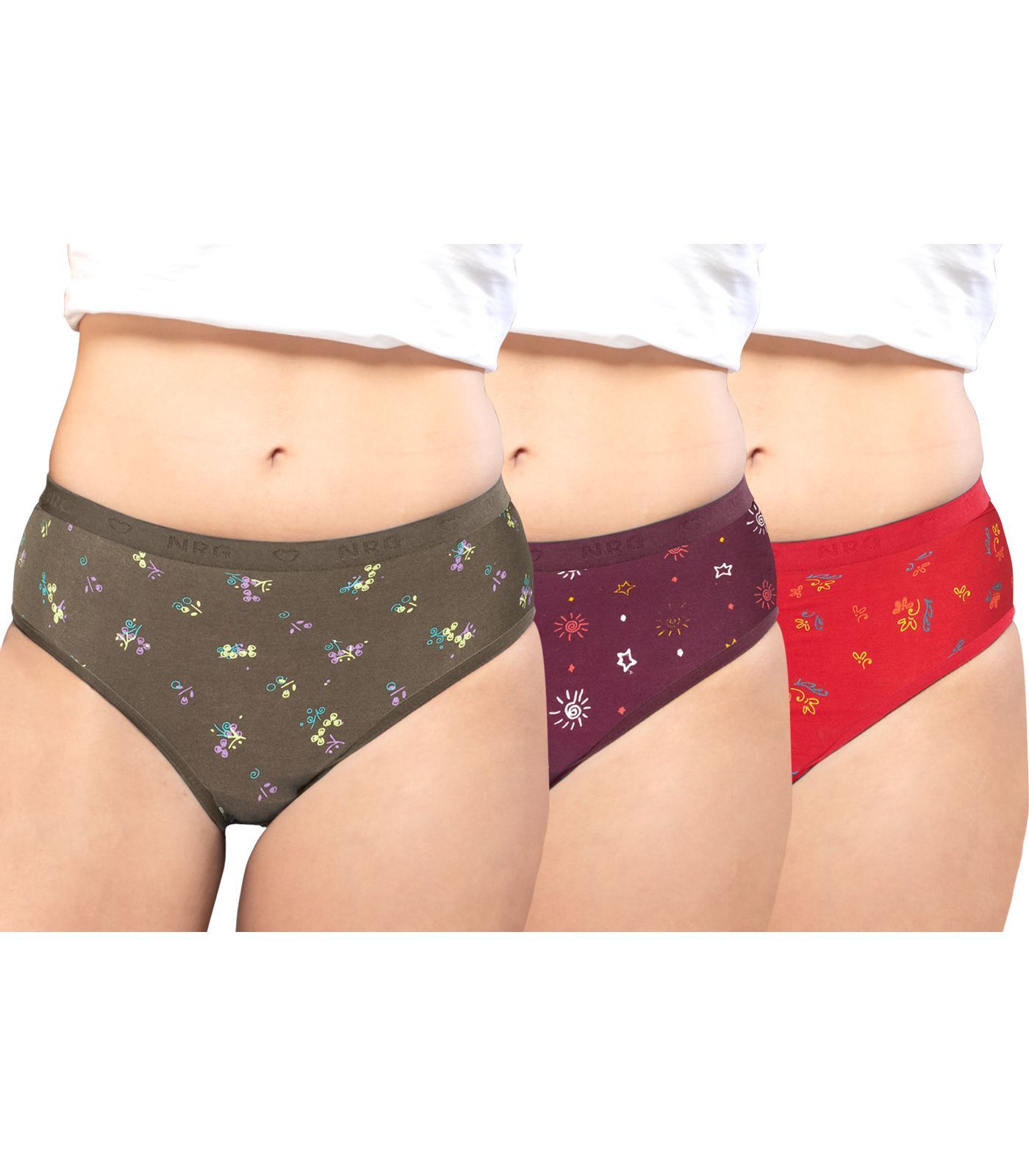 NRG Womens Cotton Assorted Colour Panties ( Pack of 3 Dark Green - Maroon - Red ) L05 Hipster