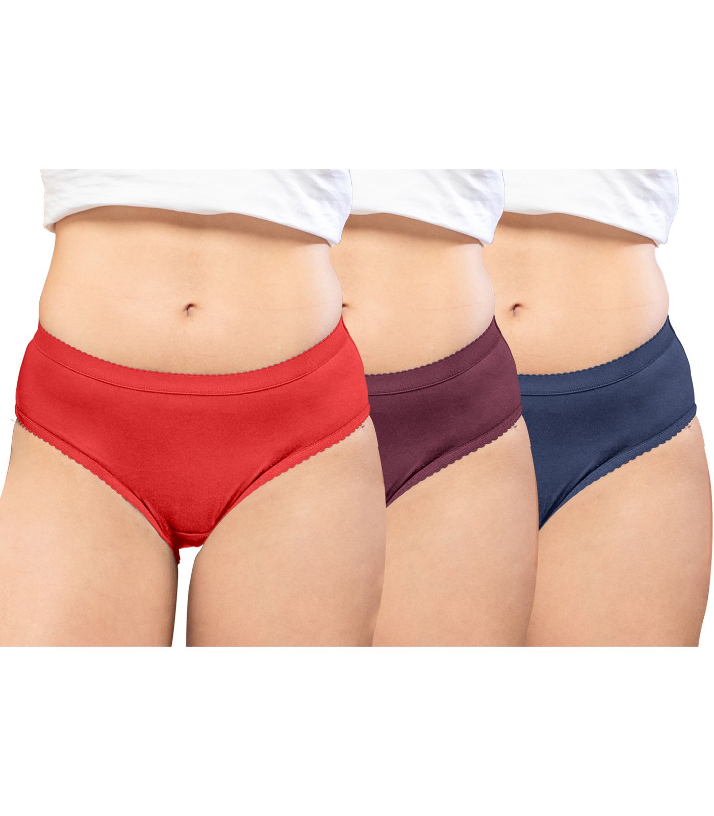 NRG Womens Cotton Assorted Colour Panties ( Pack of 3 Red - Maroon - Navy Blue ) L04 Hipster