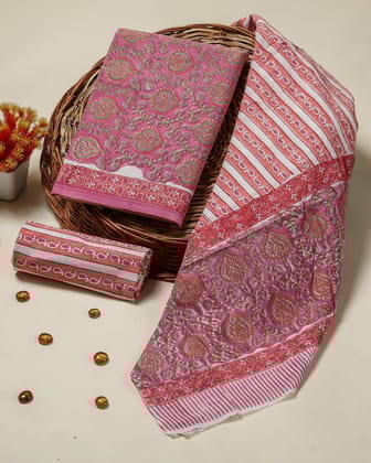 Traditioanal Hand Block Print Cotton Suit Set with Mulmul Dupatta (PRMUL430)