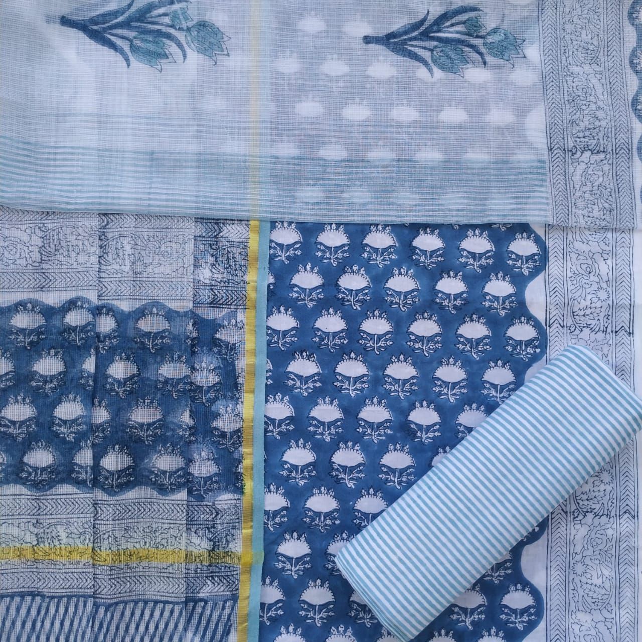 Designer Hand Block Print Pure Cotton Suit Material with Kota Doria Dupatta (3CKD385)