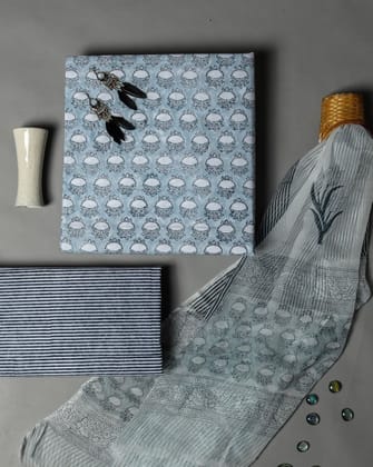 Elegant Hand Block Print Pure Cotton Suit with Chiffon Dupatta (PCHF224)