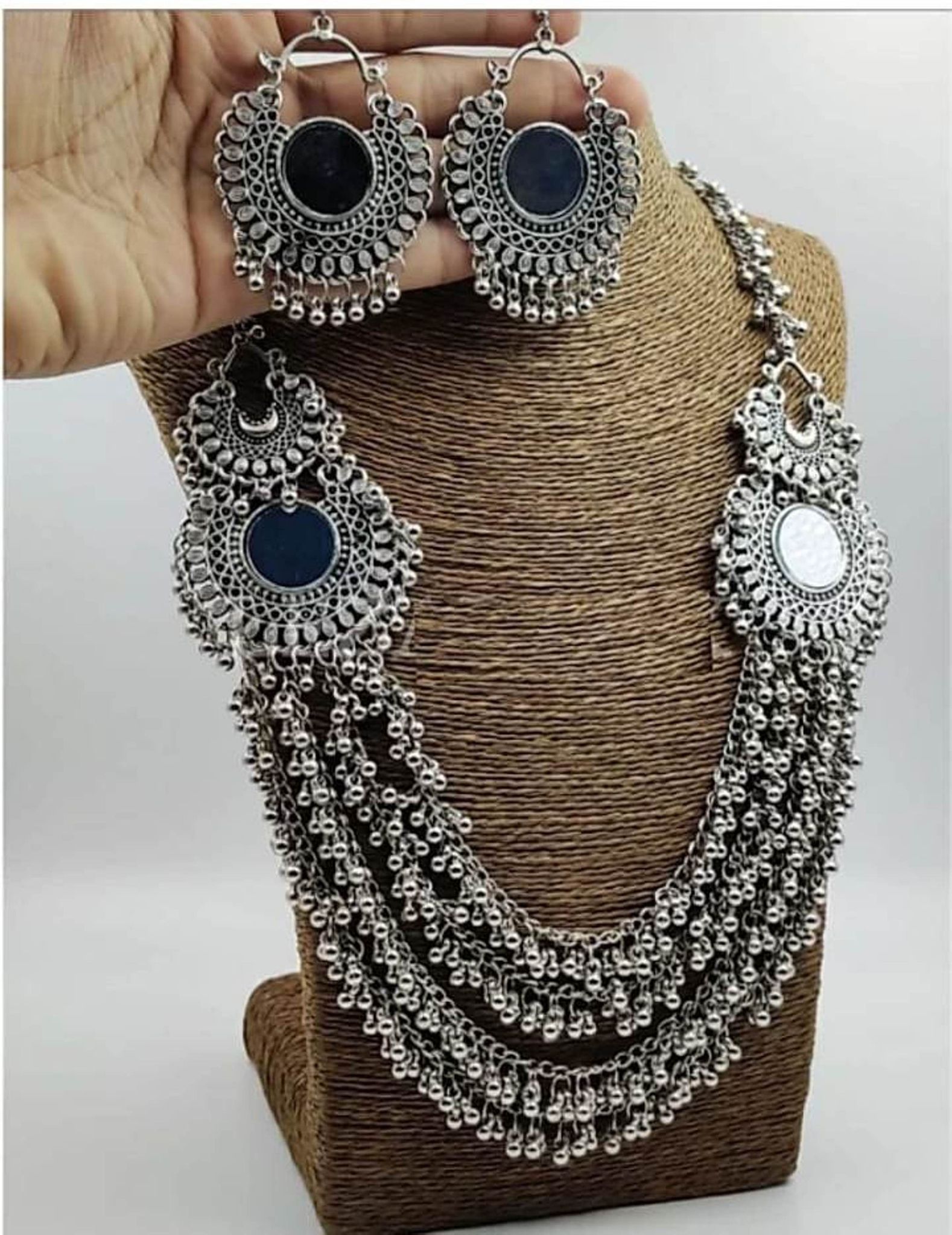 Pujvi Fashions Oxidised Mirror Long Jhalar Necklace set