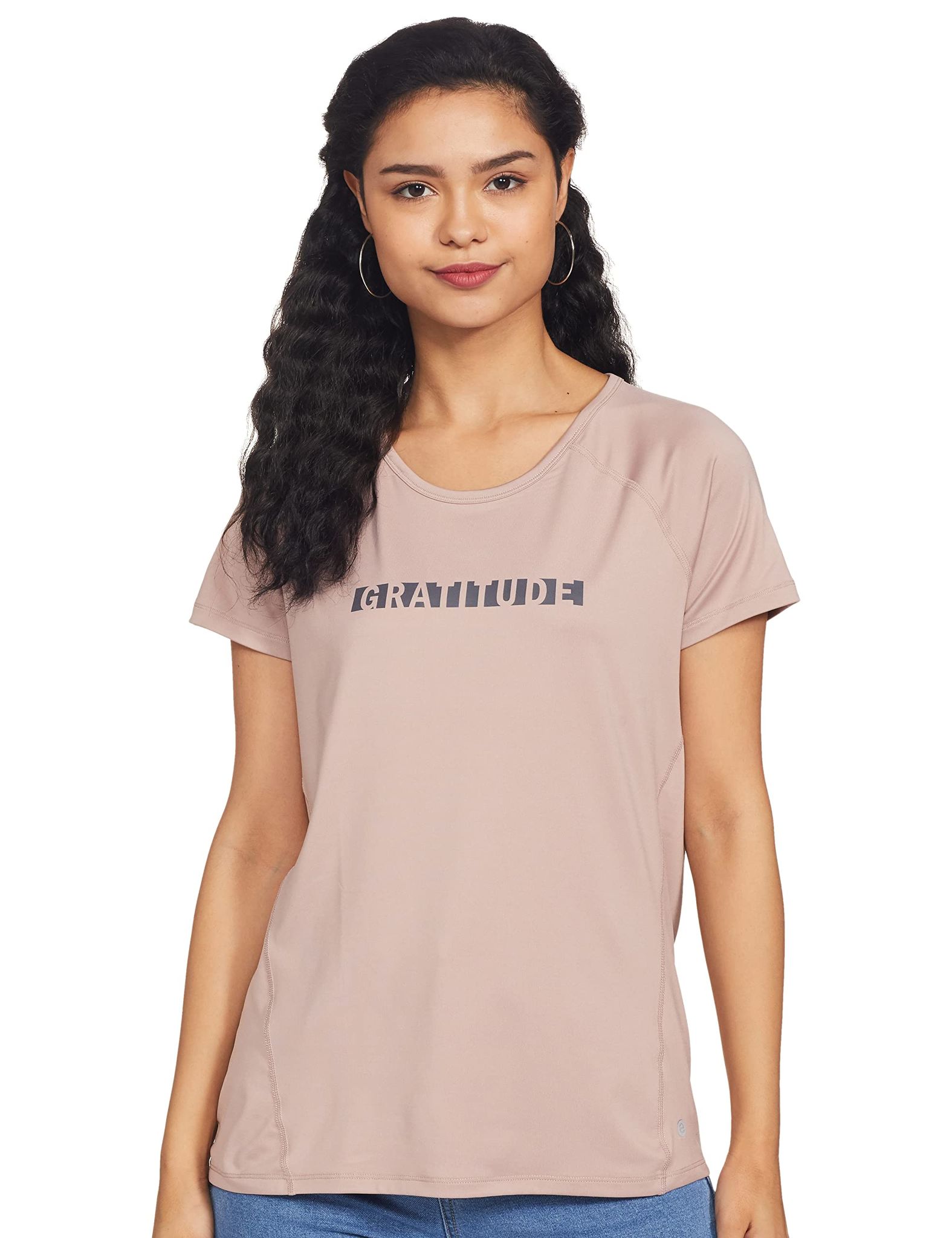 Enamor Athleisure Women's Polyester Relaxed Fit Long Length Raglan Sleeves Scoop Neck Quick Dry 4 Way Stretch Antimicrobial Graphic Tee - E163(E163-Beige Bark W/ Gratitude-M)