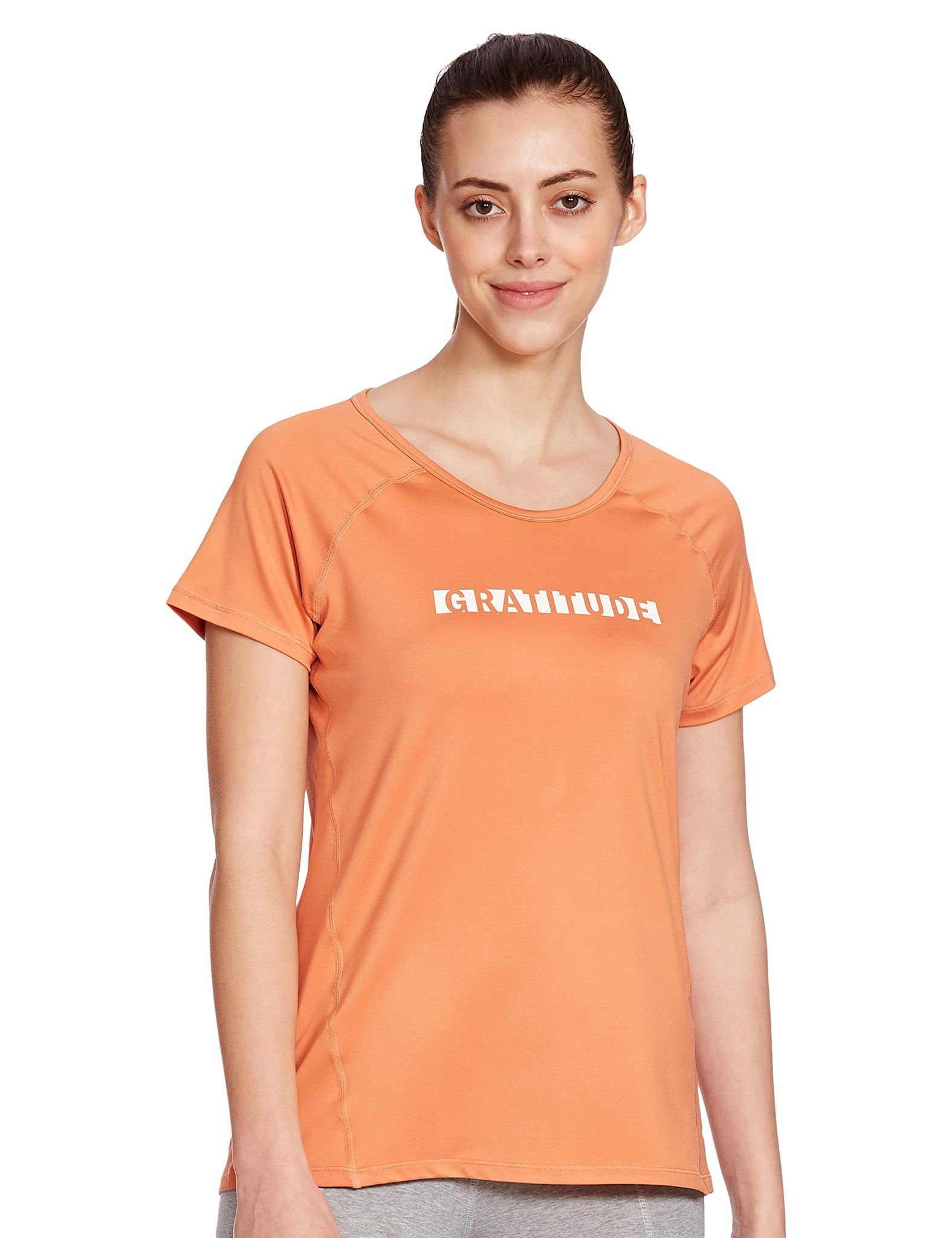 Enamor Athleisure Women's Polyester Relaxed Fit Long Length Raglan Sleeves Scoop Neck Quick Dry 4 Way Stretch Antimicrobial Graphic Tee - E163(E163-Cider W/ Gratitude-XL)