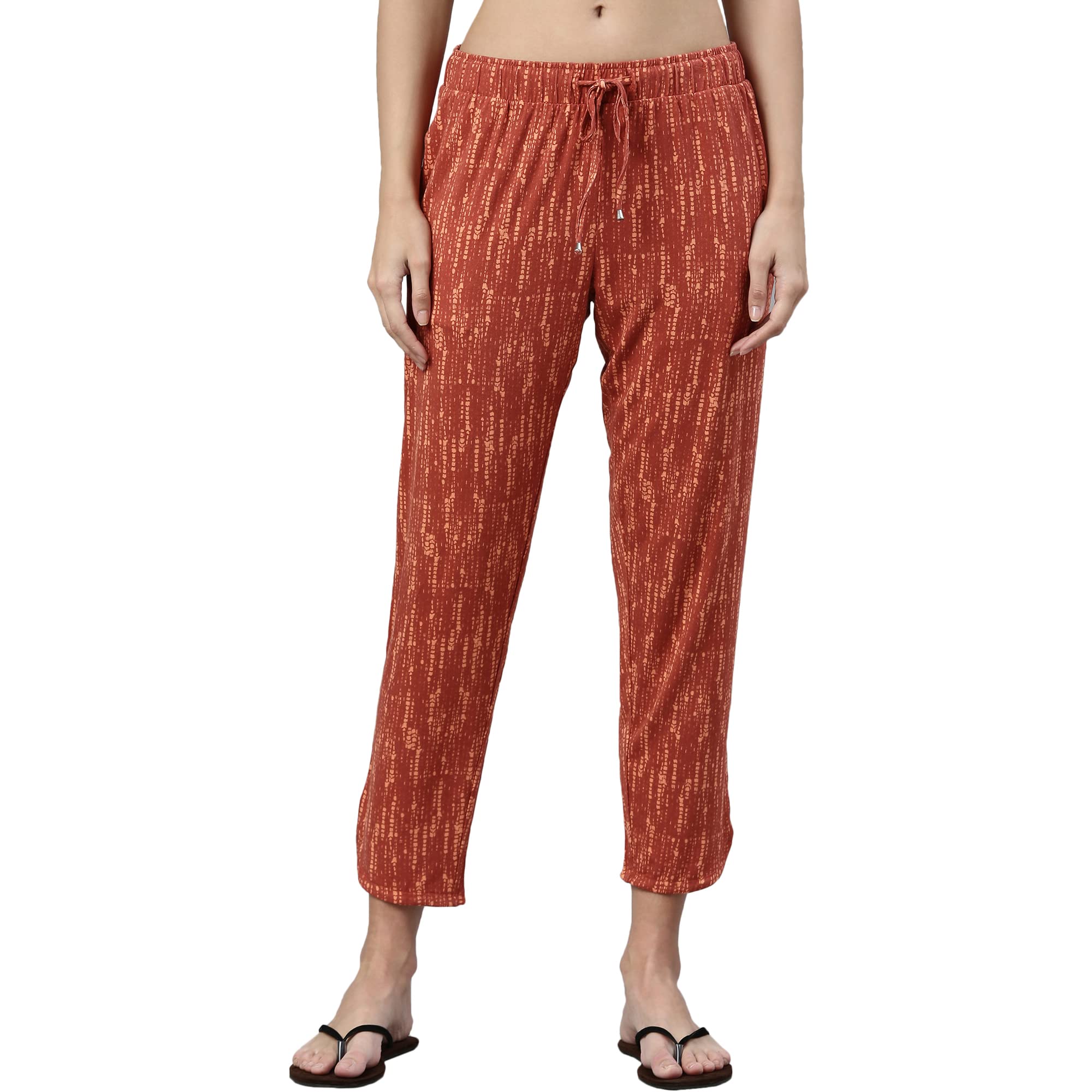 Enamor Essentials Women's Mid Rise 7/8th Relaxed Fit Soft & Drapey 4 Way Stretch Viscose Spandex Lounge Pants with 2 Side Pockets- E048(E048-Brick Tie Die Aop-XL)