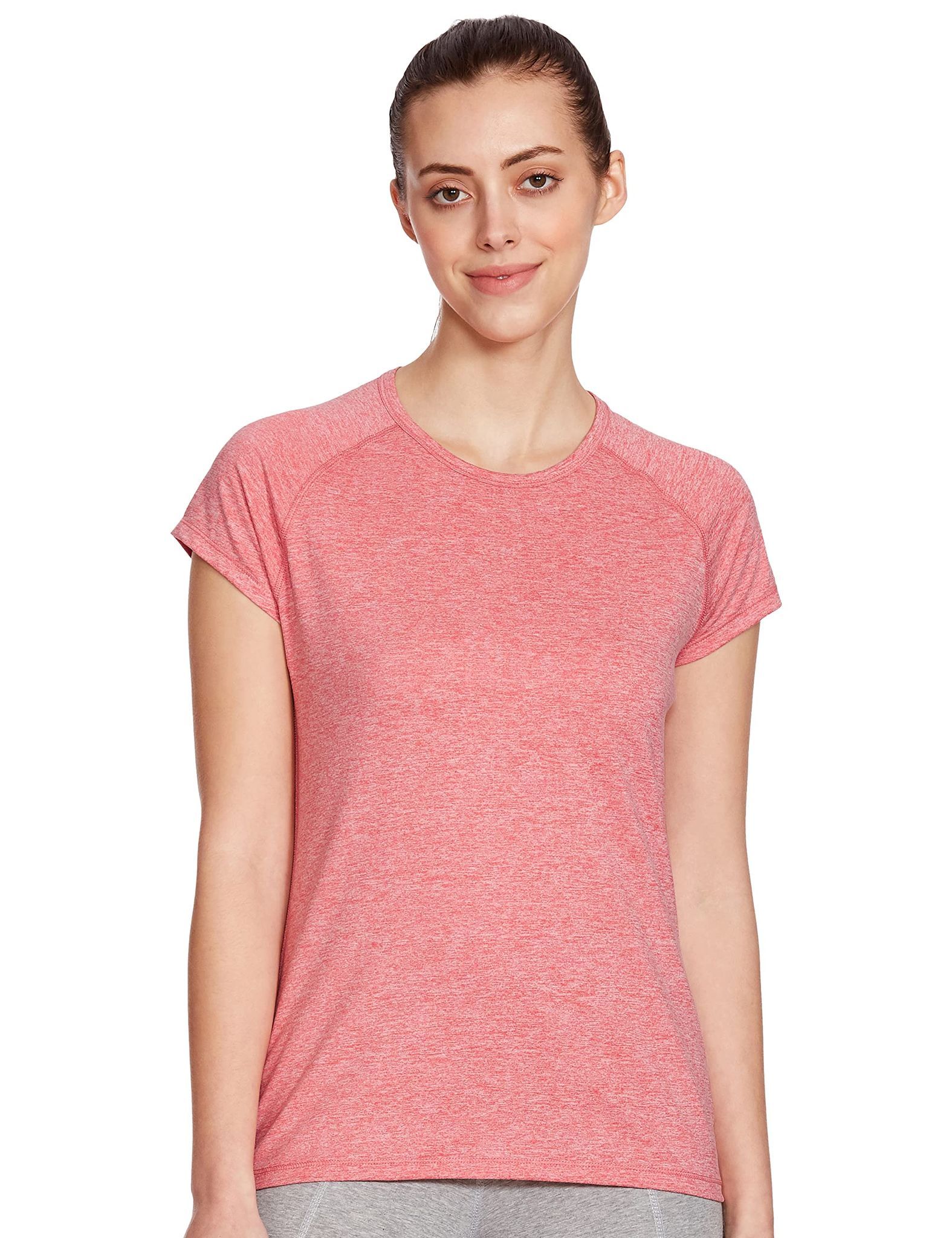 Enamor Athleisure Womens Raglan Sleeves Scoop Neck Slim Fit Quick Dry 4 Way Stretch Antimicrobial Active Tee with Reflective Graphic- E089-(E089_Bubble Pink Mel W/ Balance_M)
