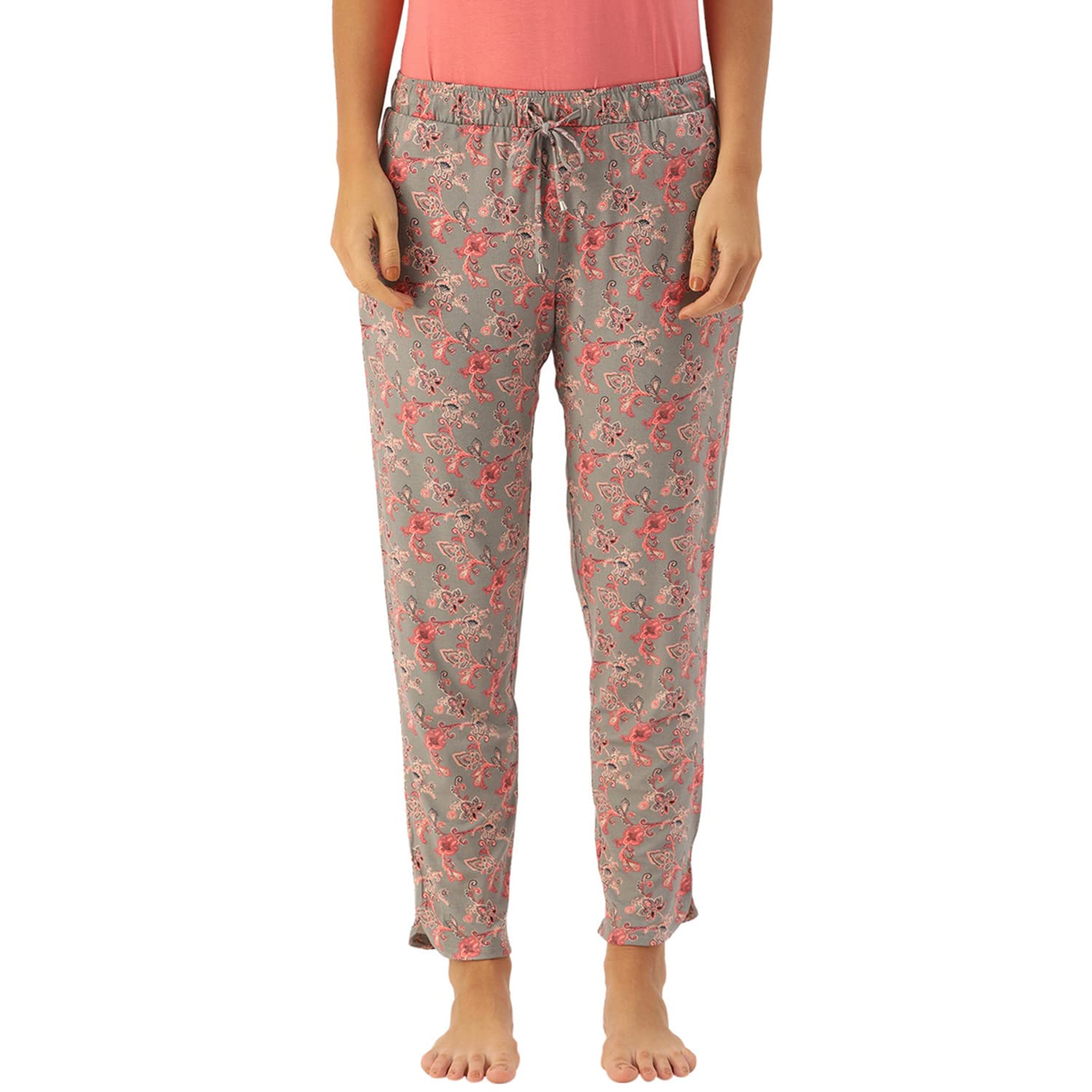 Enamor Essentials Women's Mid Rise 7/8th Relaxed Fit Soft & Drapey 4 Way Stretch Viscose Spandex Lounge Pants with 2 Side Pockets- E048(E048-Paisley AOP Ice Grey Combo-XXL)