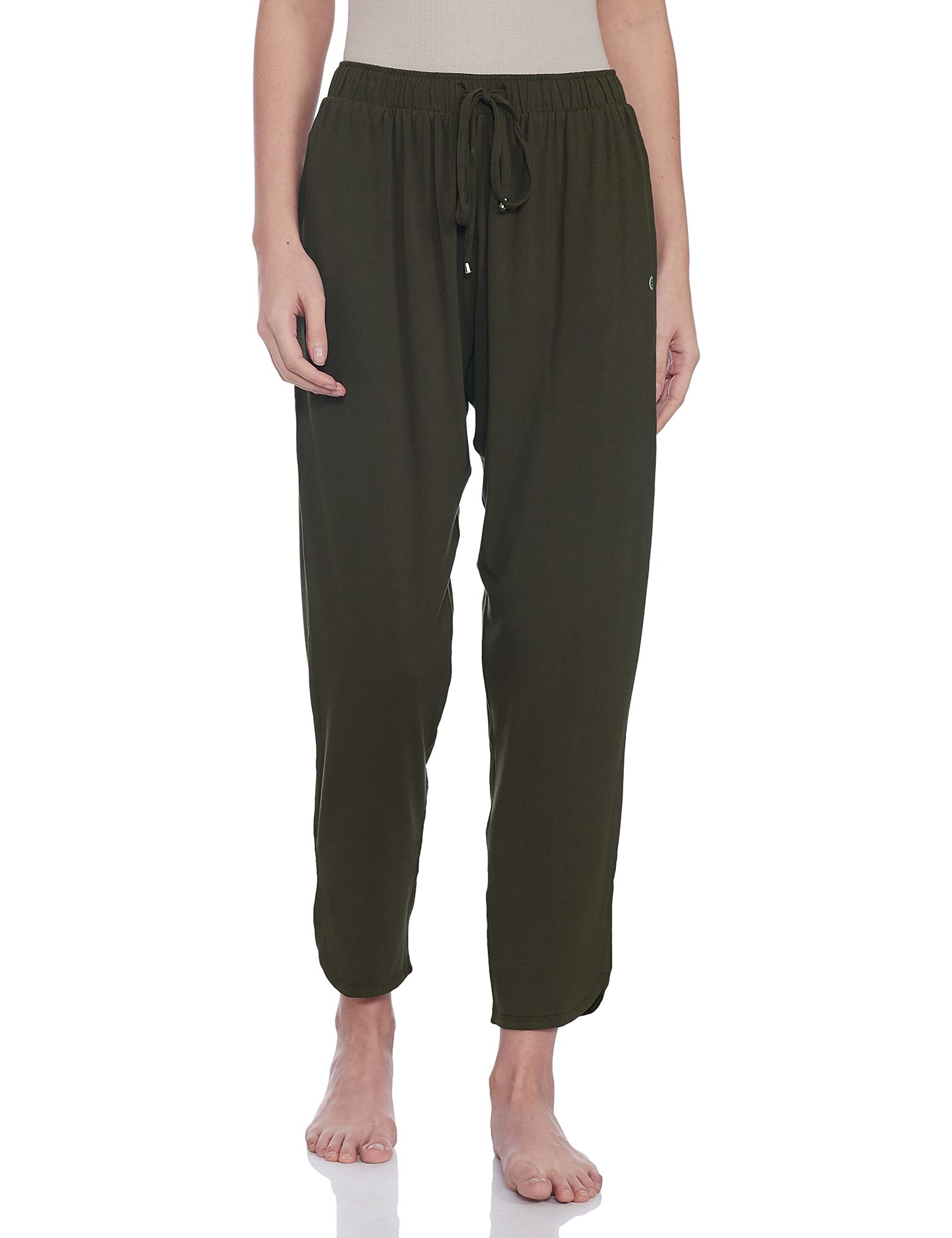Enamor Essentials Women's Mid Rise 7/8th Relaxed Fit Soft & Drapey 4 Way Stretch Viscose Spandex Lounge Pants with 2 Side Pockets- E048(E048-Olive Night-XXL)