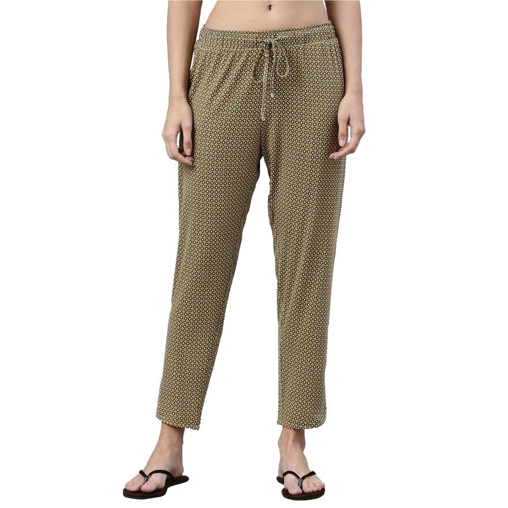 Enamor Essentials Women's Mid Rise 7/8th Relaxed Fit Soft & Drapey 4 Way Stretch Viscose Spandex Lounge Pants with 2 Side Pockets- E048(E048-Mocha Tile Aop-XXL)