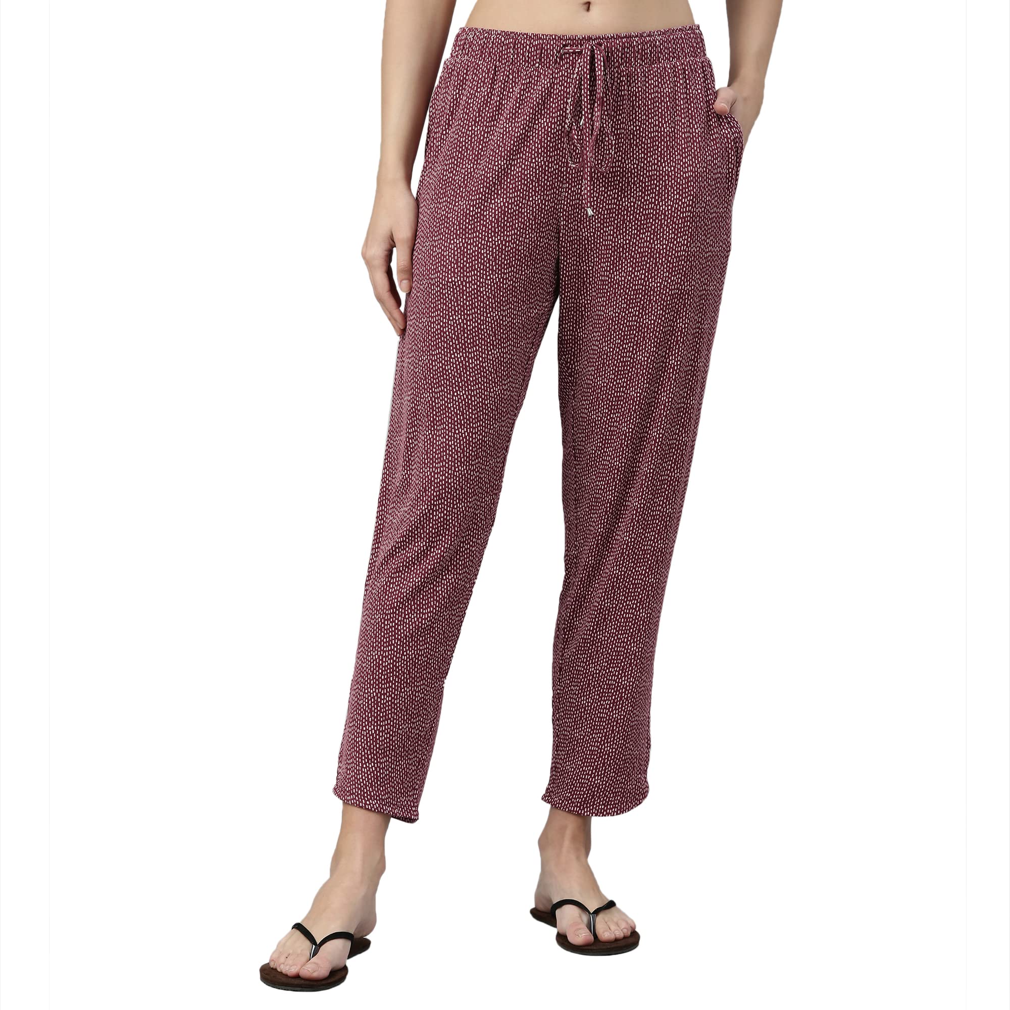 Enamor Essentials Women's Mid Rise 7/8th Relaxed Fit Soft & Drapey 4 Way Stretch Viscose Spandex Lounge Pants with 2 Side Pockets- E048(E048-Burgundy Kantha Aop-XXL)