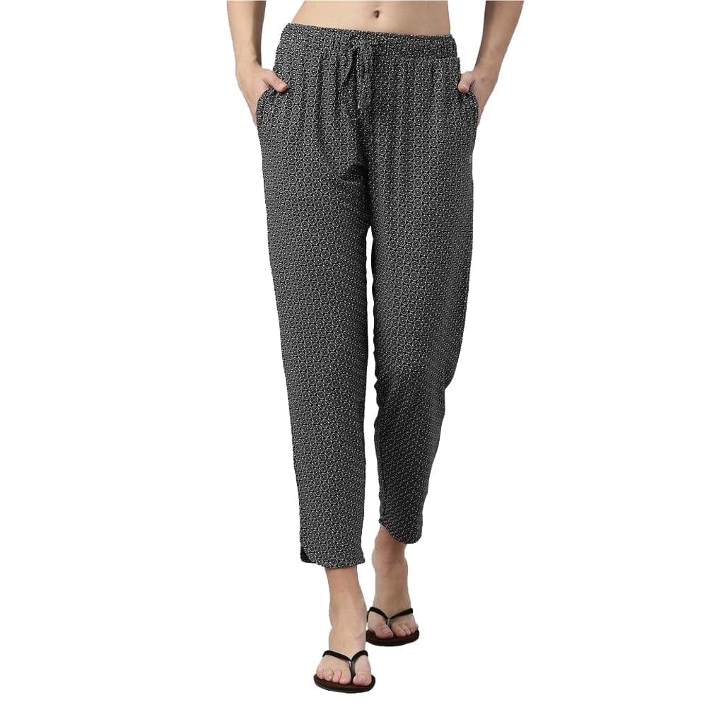 Enamor Essentials Women's Mid Rise 7/8th Relaxed Fit Soft & Drapey 4 Way Stretch Viscose Spandex Lounge Pants with 2 Side Pockets- E048(E048-Grey Geo Aop-L)