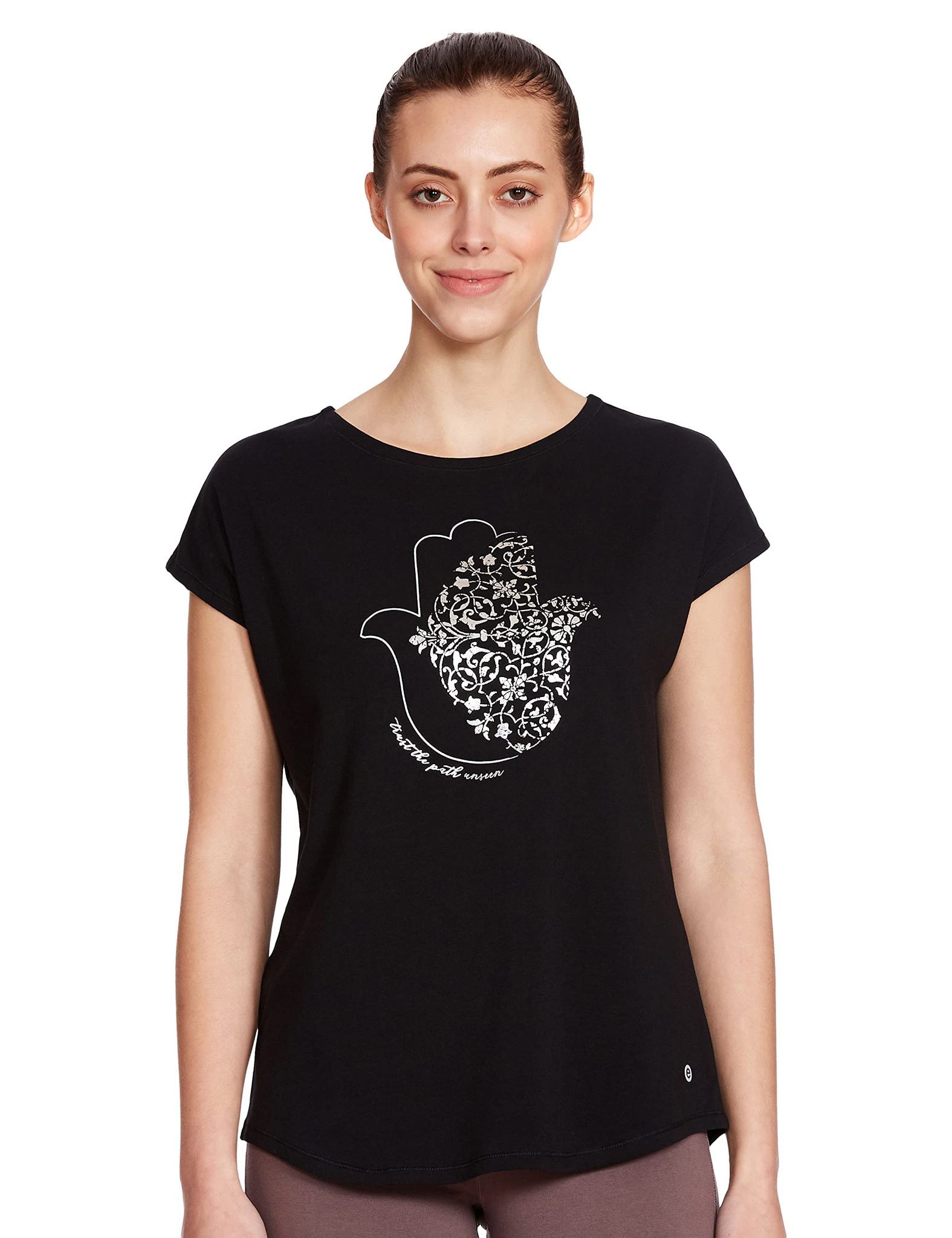 Enamor Athleisure Women's Relaxed Fit Long Length Short Sleeve Boat Neck 4 Way Stretch Antimicrobial Cotton Tee with Inspiring Graphics (E131-Jet Black W/ Trust-XXL)