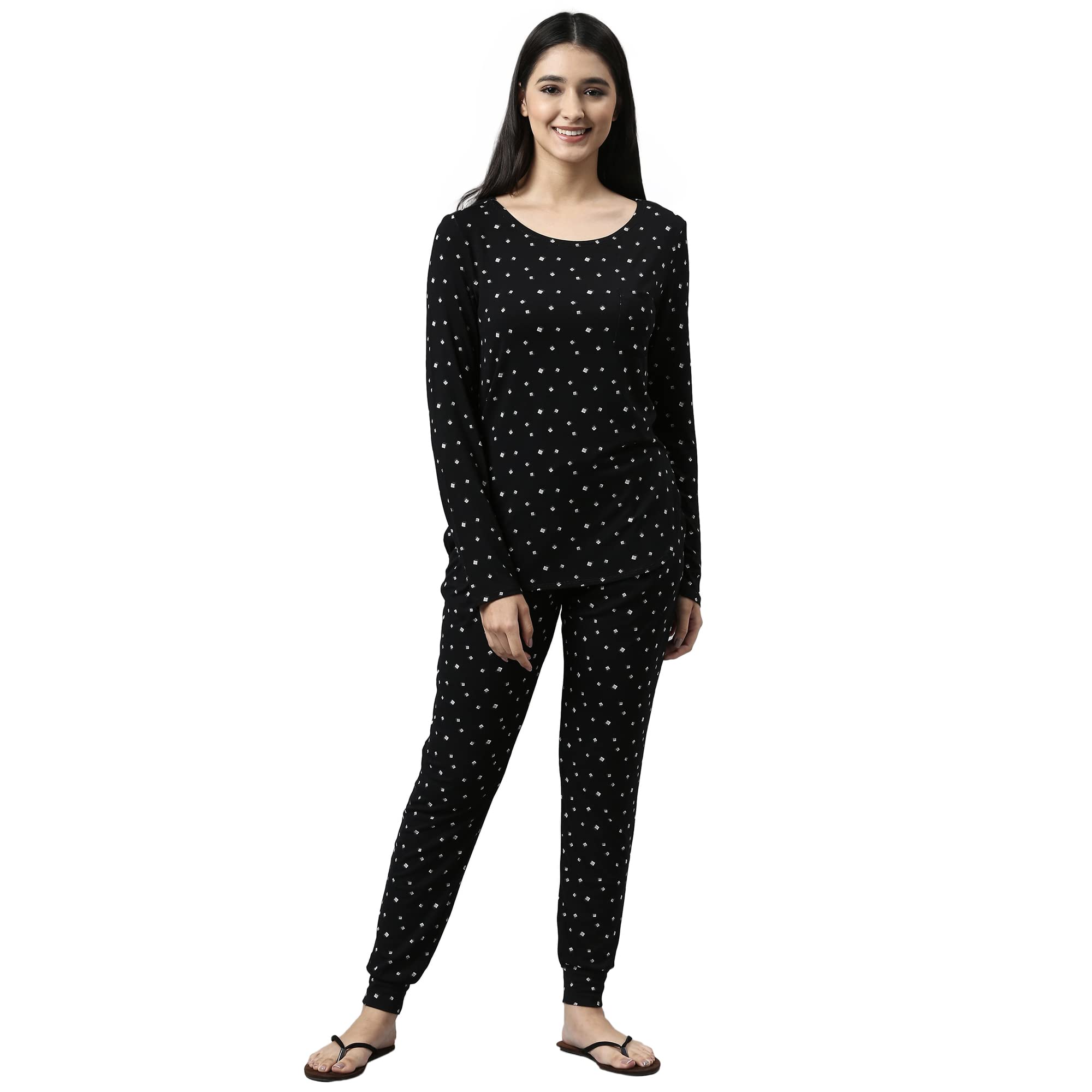 Enamor Essentials-Relaxed Fit Soft, Drapey Printed Top & Jogger Lounge Set for Womens-EC19