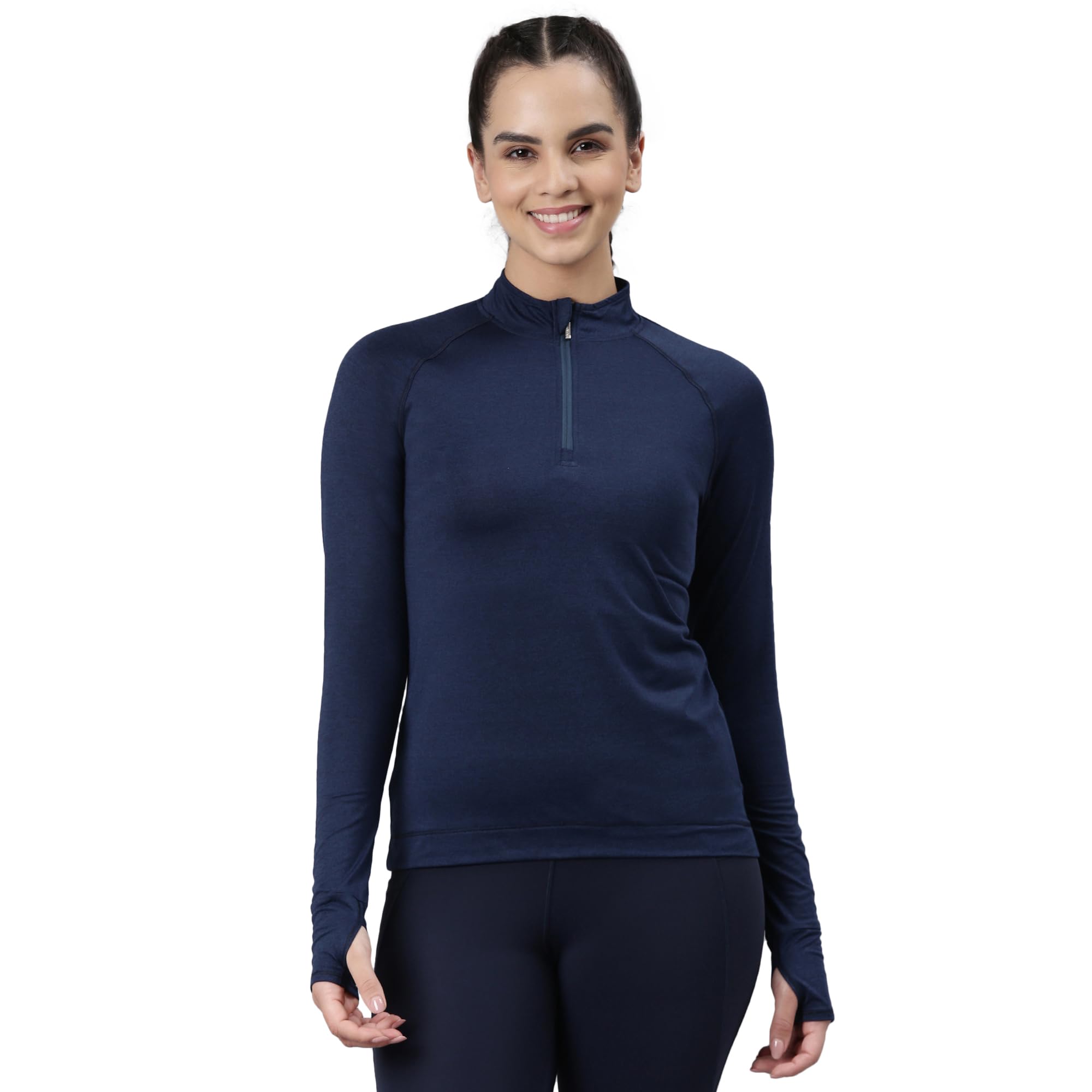 Enamor Women's Solid Slim Fit T-Shirt (A310_Navy Melange