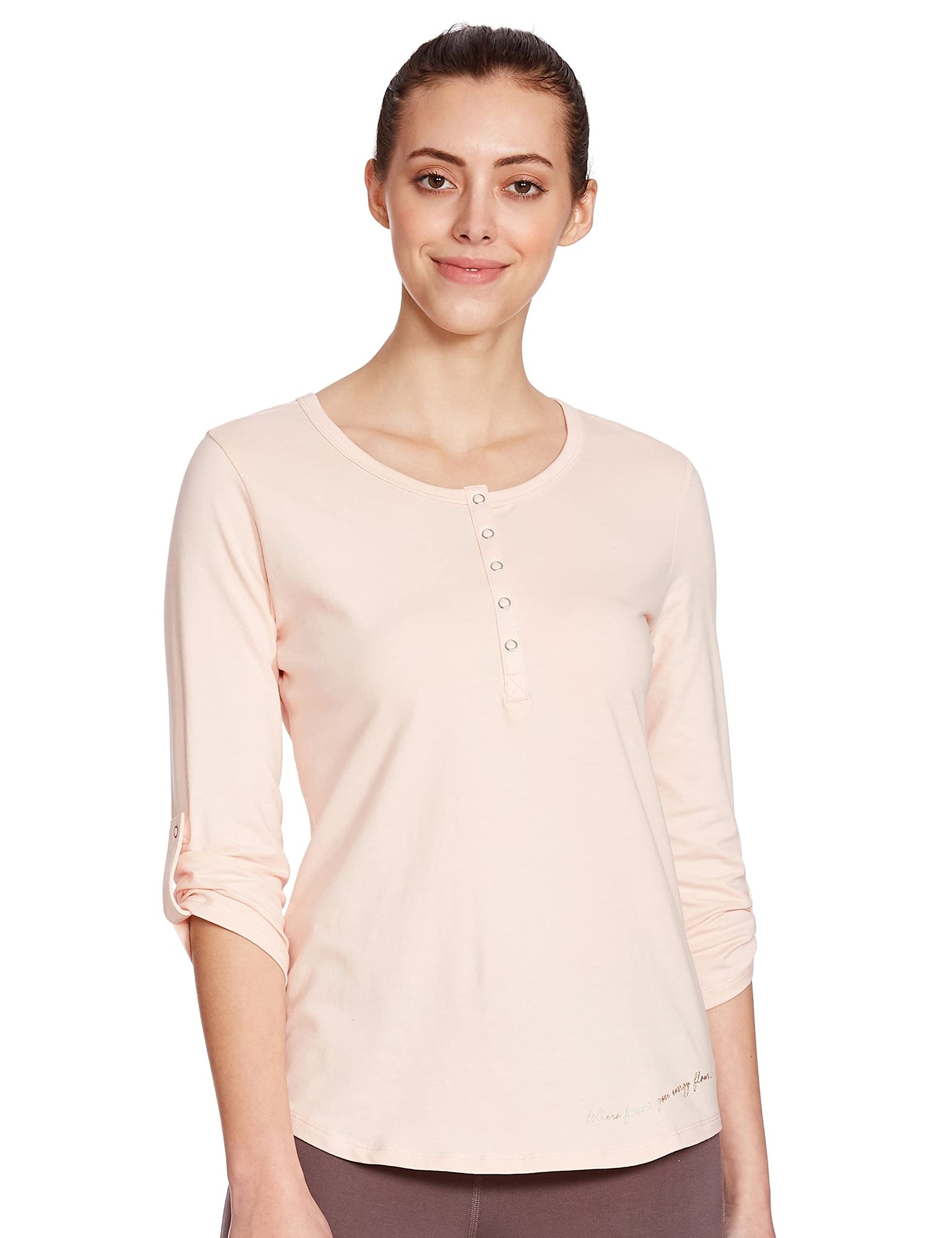 Enamor Essentials Women's Slim Fit Henley Neck 3/4th Sleeves Cotton Tee with Snap Button Placket Front & Sleeve Tab - E129