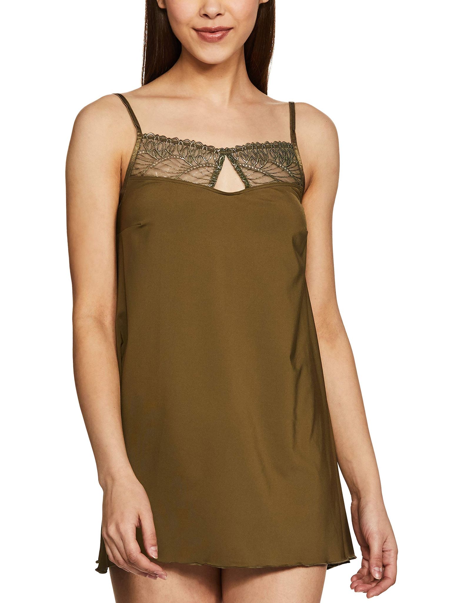 Enamor Womens Strappy Neck Solid Lace Trimming Babydoll