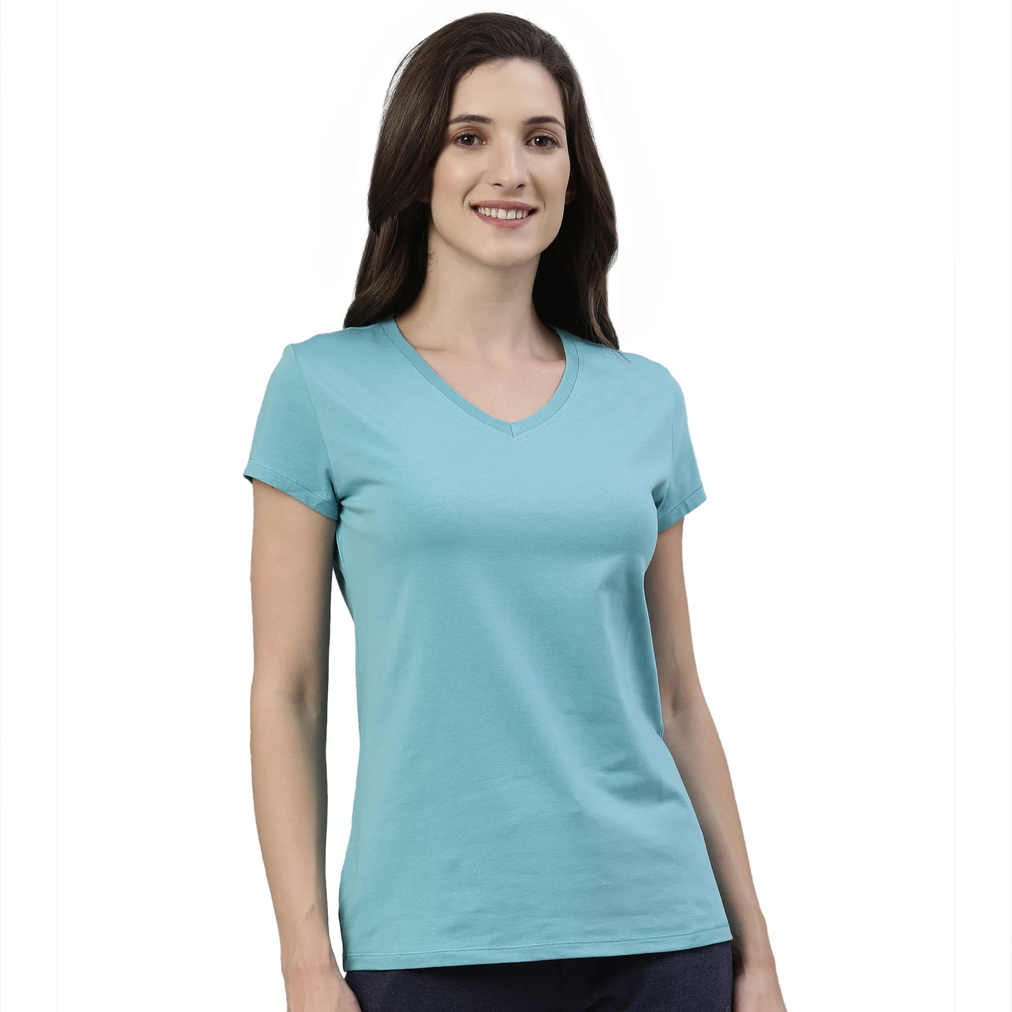 Enamor Essentials Women's Short Sleeve V Neck Slim Fit Breathable Stretch Cotton Tee - E067