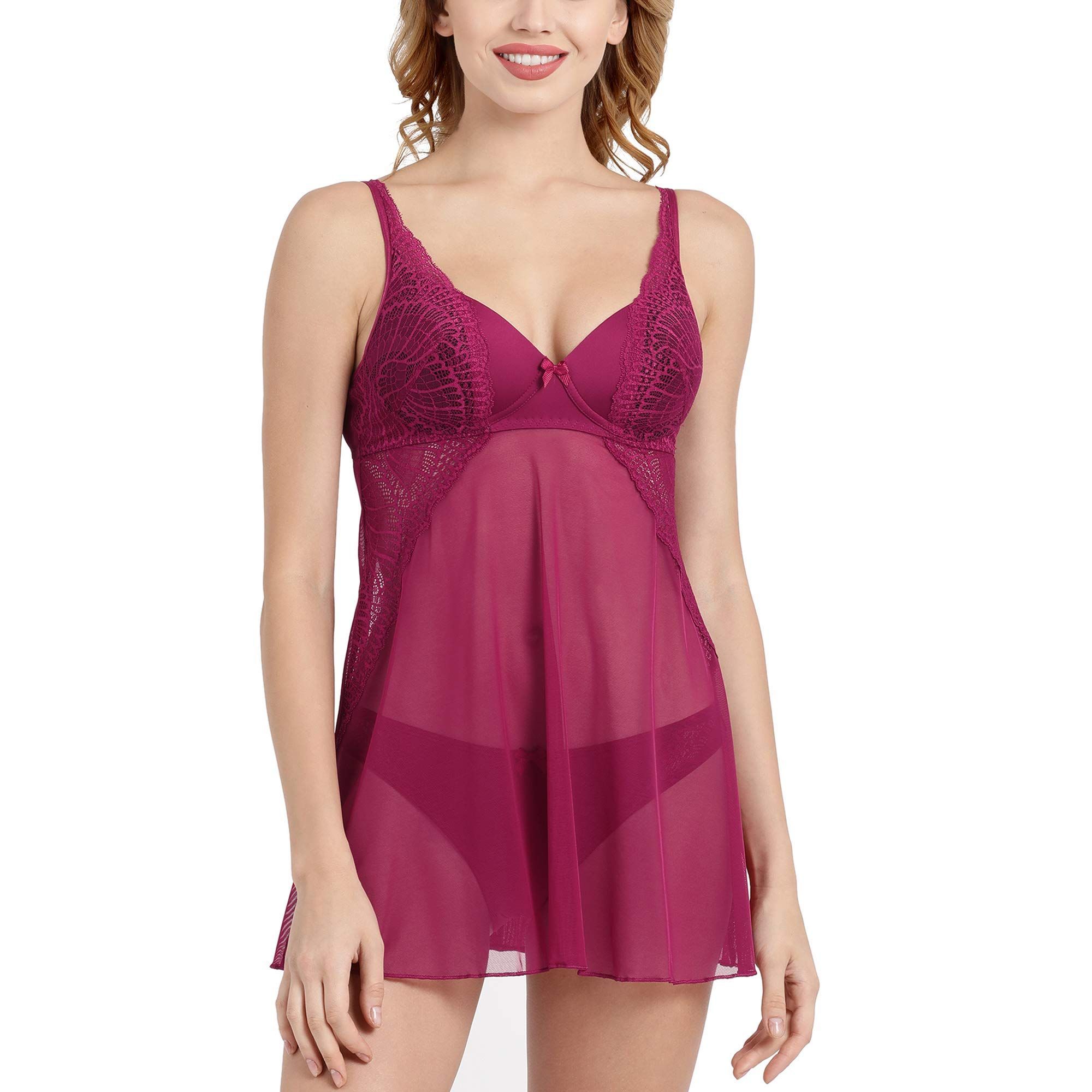 Enamor Womens Strappy Neck Solid Lace Baby Doll