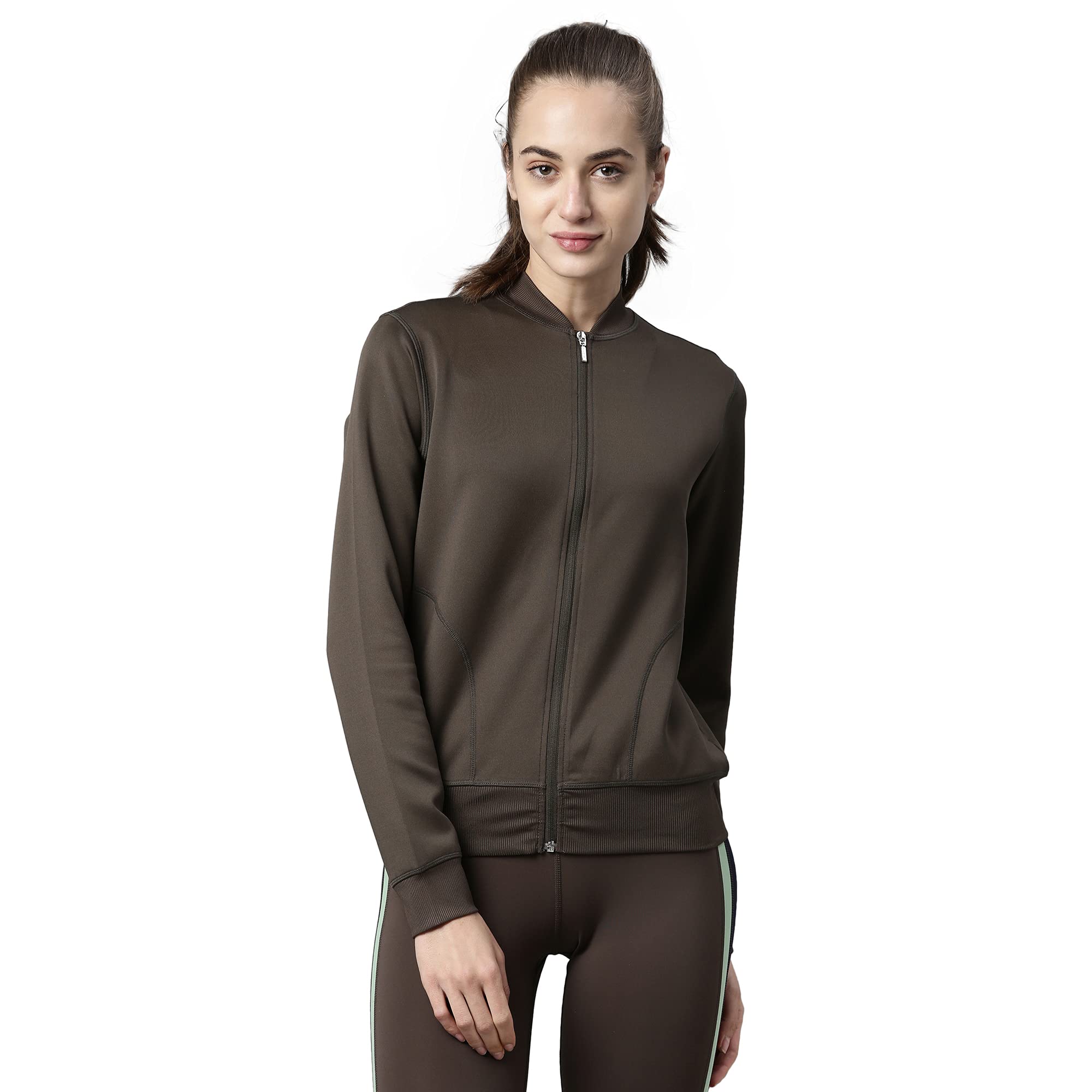 Enamor Athleisure A901 Relaxed Fit Bomber Jacket for Women|Breathable Antimicrobial Quick Dry 4-way Stretch Scuba Fabric Jacket With Zipper Pockets(A901-Olive Night-S)