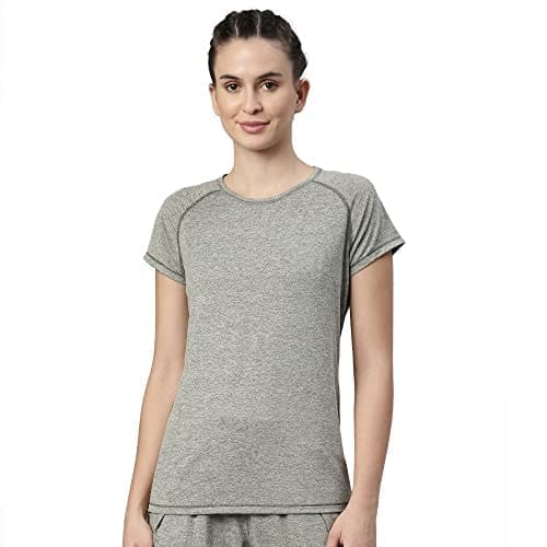 Enamor Athleisure Women's Raglan Sleeves Scoop Neck Slim Fit Quick Dry 4 Way Stretch Antimicrobial Active Tee with Reflective Graphic- E089(E089-Army Green Mel W/Matrix Ref-L)