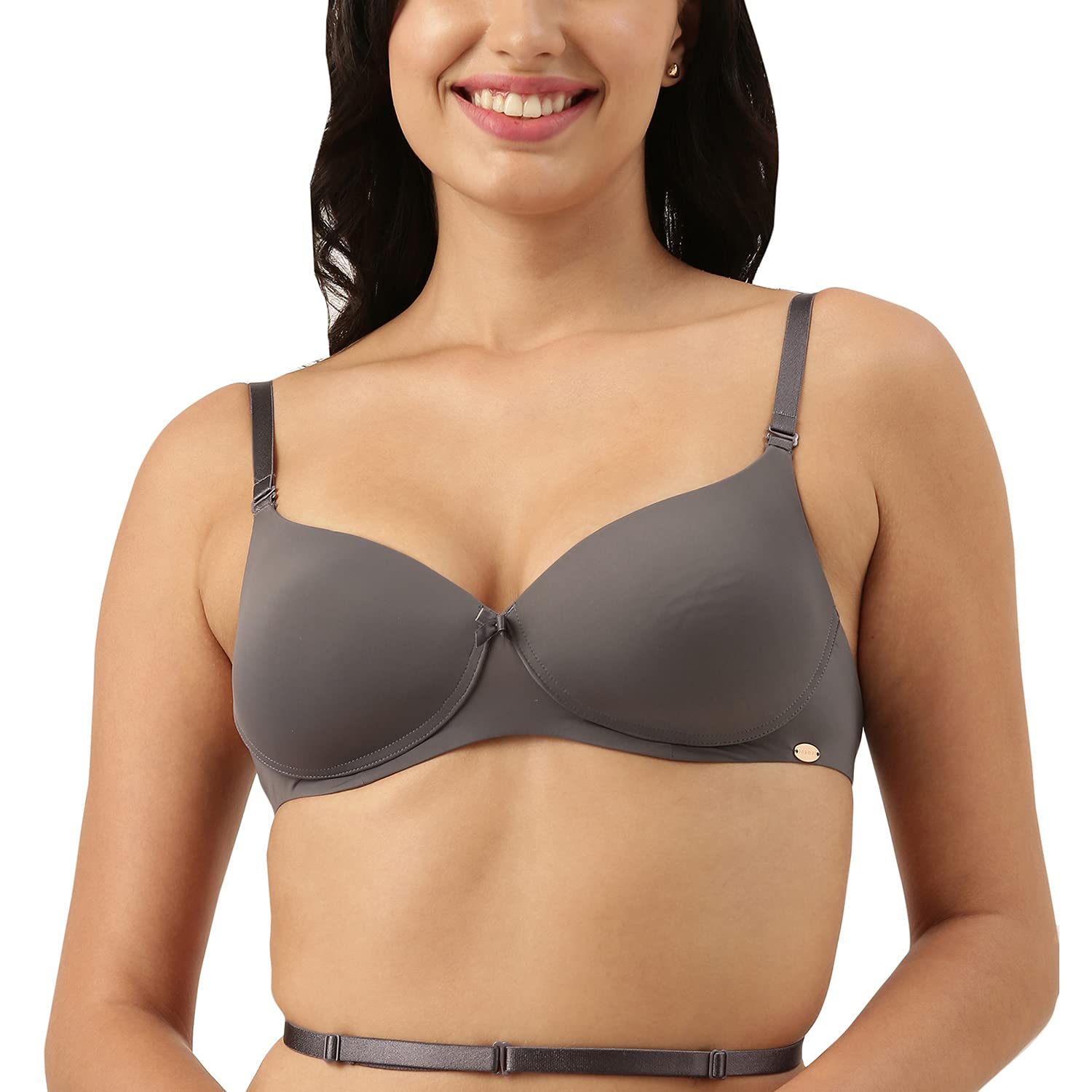 Enamor Women's 81% Nylon & 19% Spandex Low Criss-Cross Back Convertible Padded and Wirefree Medium Coverage Plunge Bra (F058_Ink Grey_34C)
