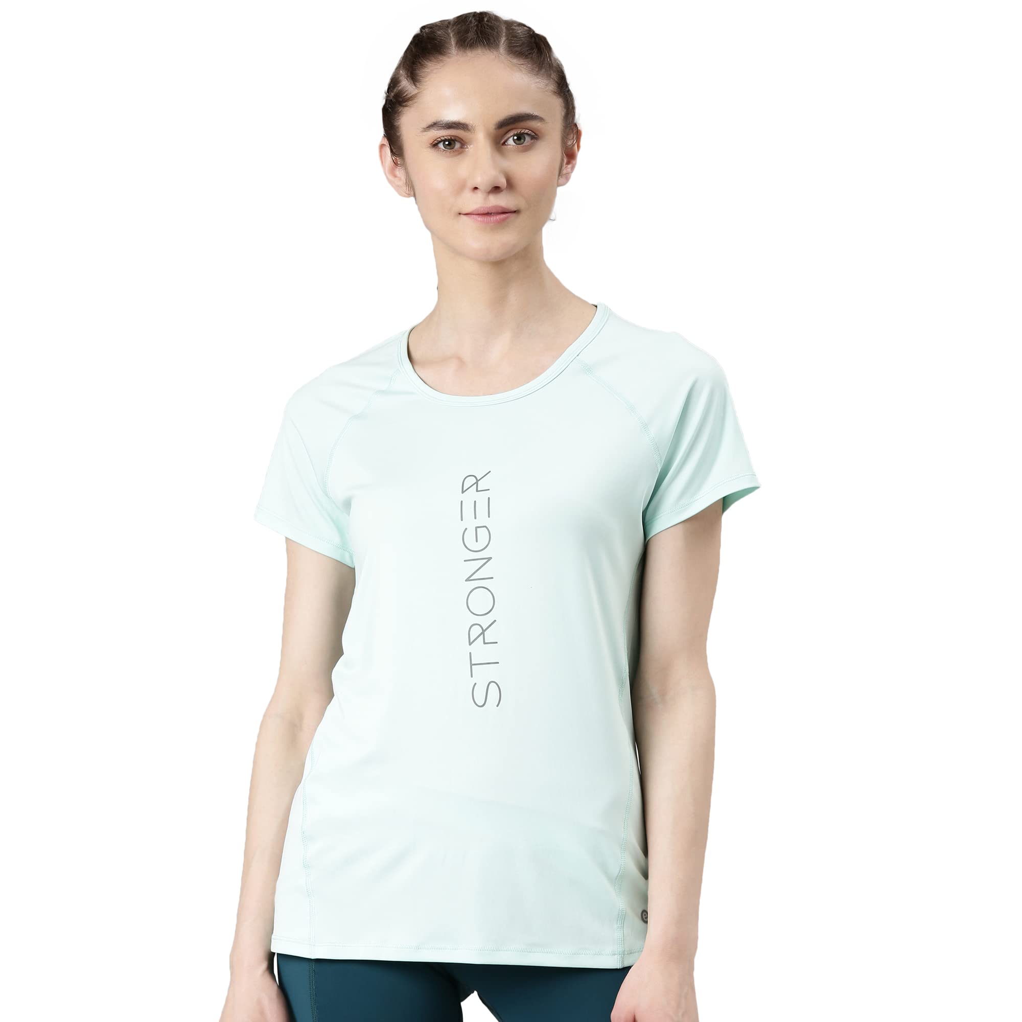 Enamor Women's Letter Print Relaxed T-Shirt (E163_Soft Aqua Stronger Graphic M)