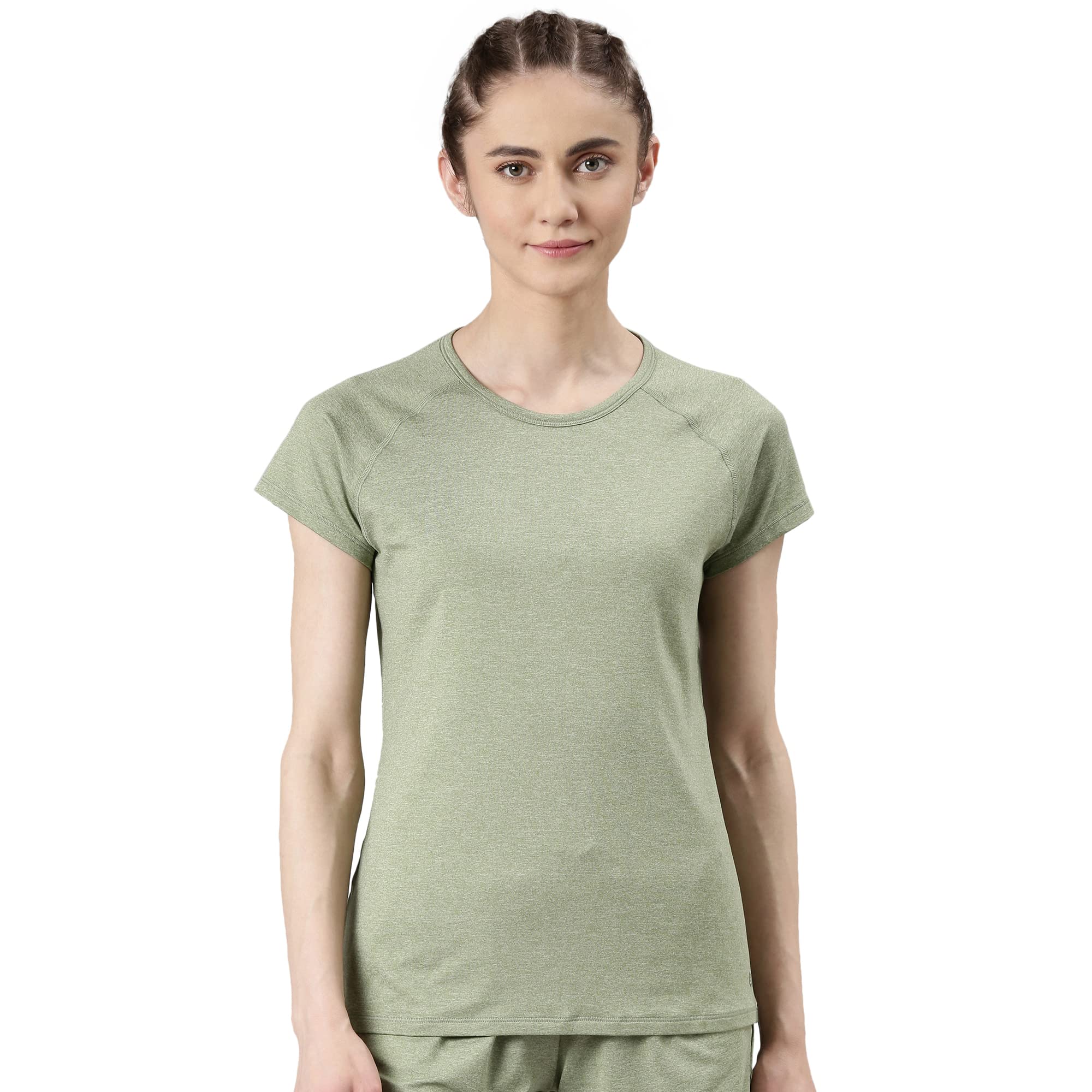 Enamor Women's Solid Slim T-Shirt (E089_Pale Fern Melange M)