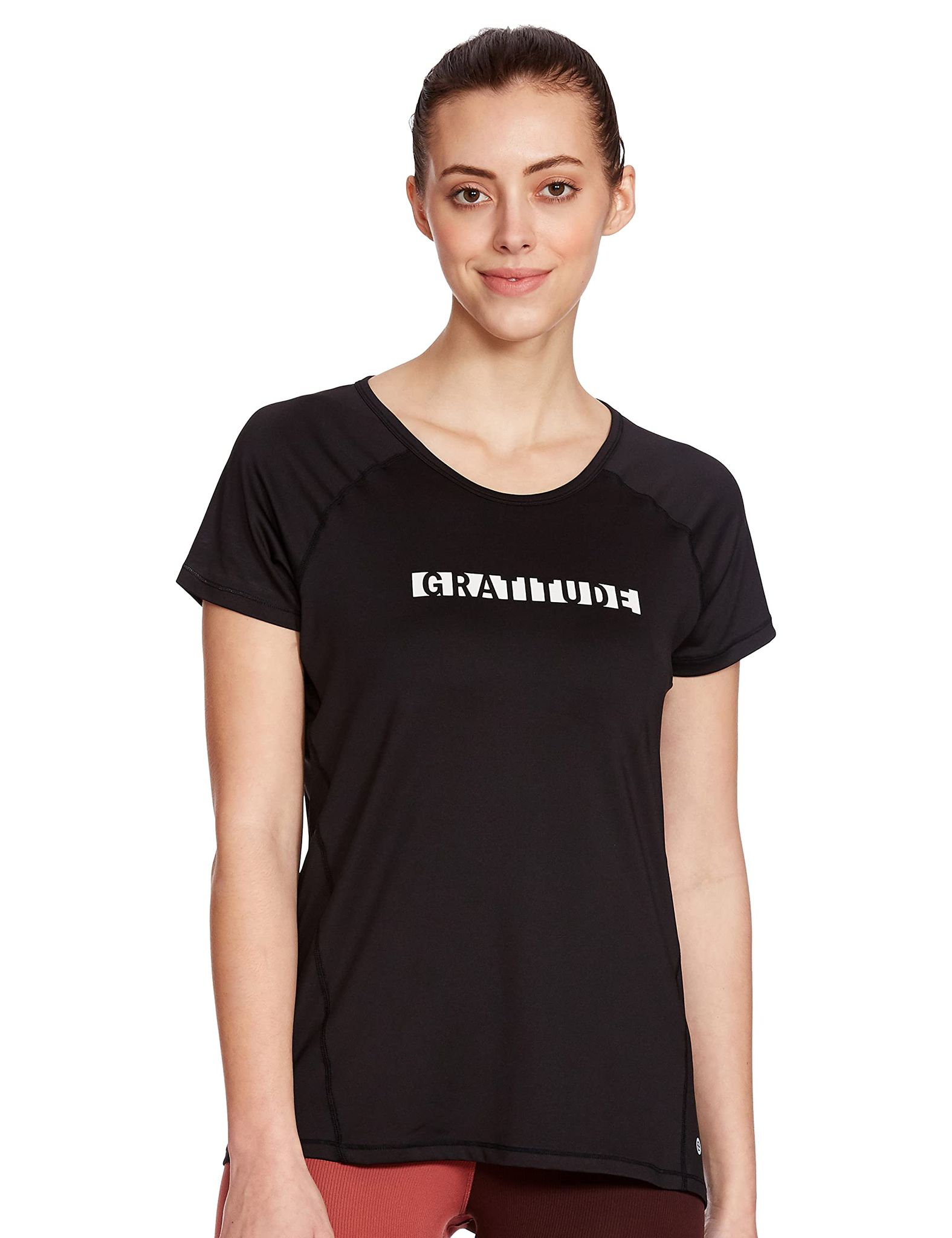Enamor Athleisure Women's Polyester Relaxed Fit Long Length Raglan Sleeves Scoop Neck Quick Dry 4 Way Stretch Antimicrobial Graphic Tee - E163(E163-Jet Black W/ Gratitude-M)