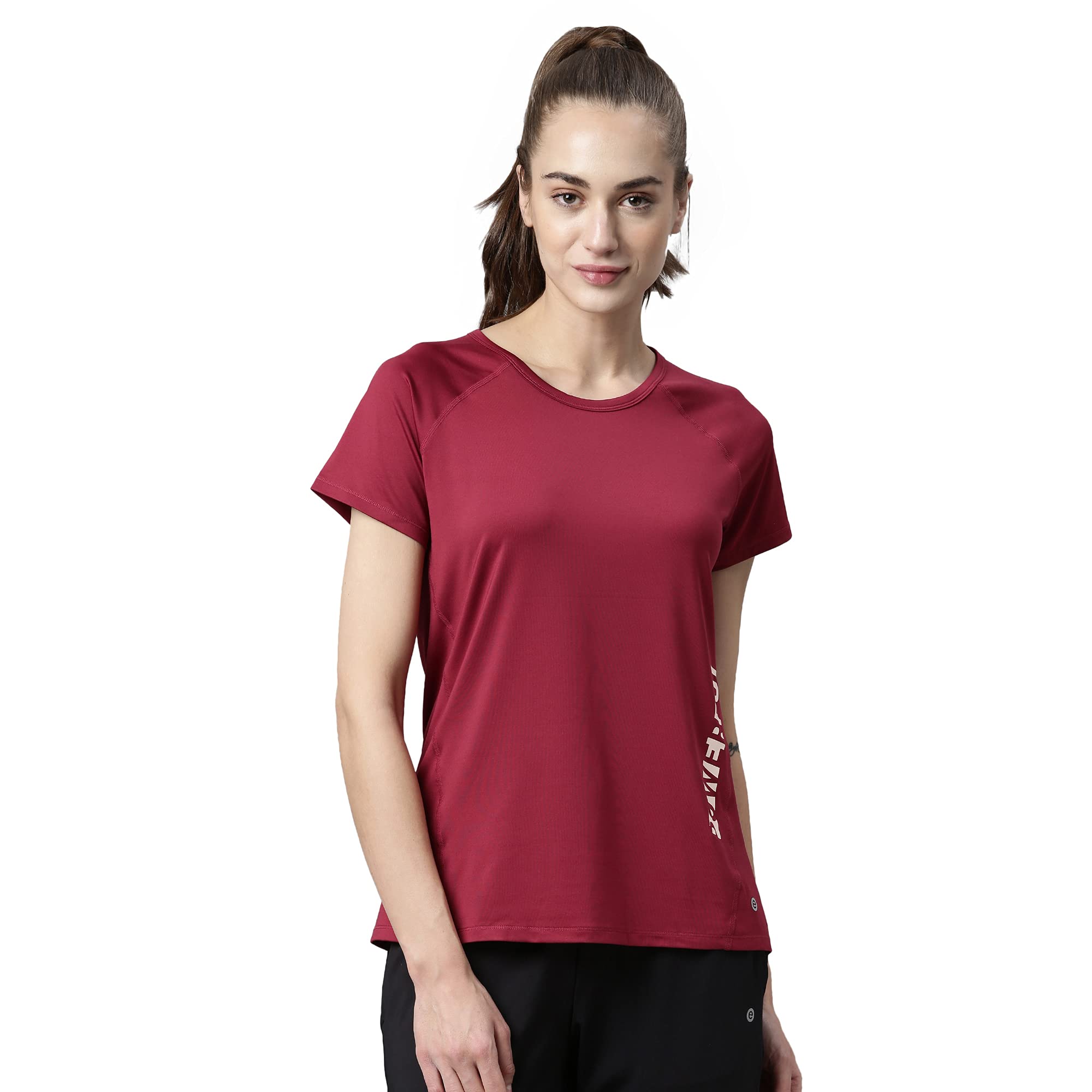 Enamor Athleisure Women's Polyester Relaxed Fit Long Length Raglan Sleeves Scoop Neck Quick Dry 4 Way Stretch Antimicrobial Graphic Tee - E163(E163-Burgundy W/ Powerful-XL)