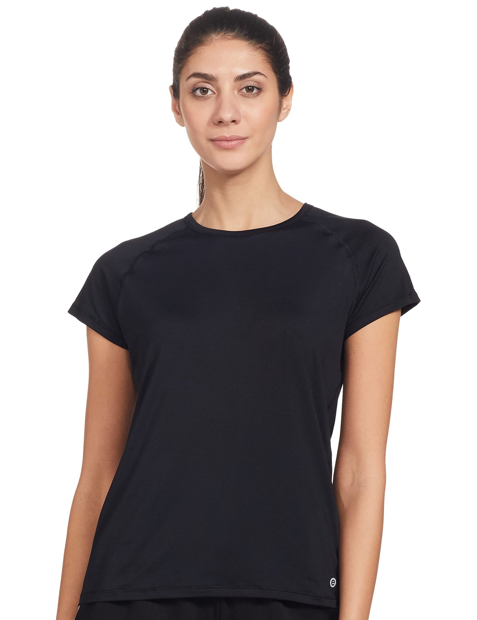 Enamor Athleisure Women's Raglan Sleeves Scoop Neck Slim Fit Quick Dry 4 Way Stretch Antimicrobial Active Tee with Reflective Graphic- E089(E089-Jet Black-L)